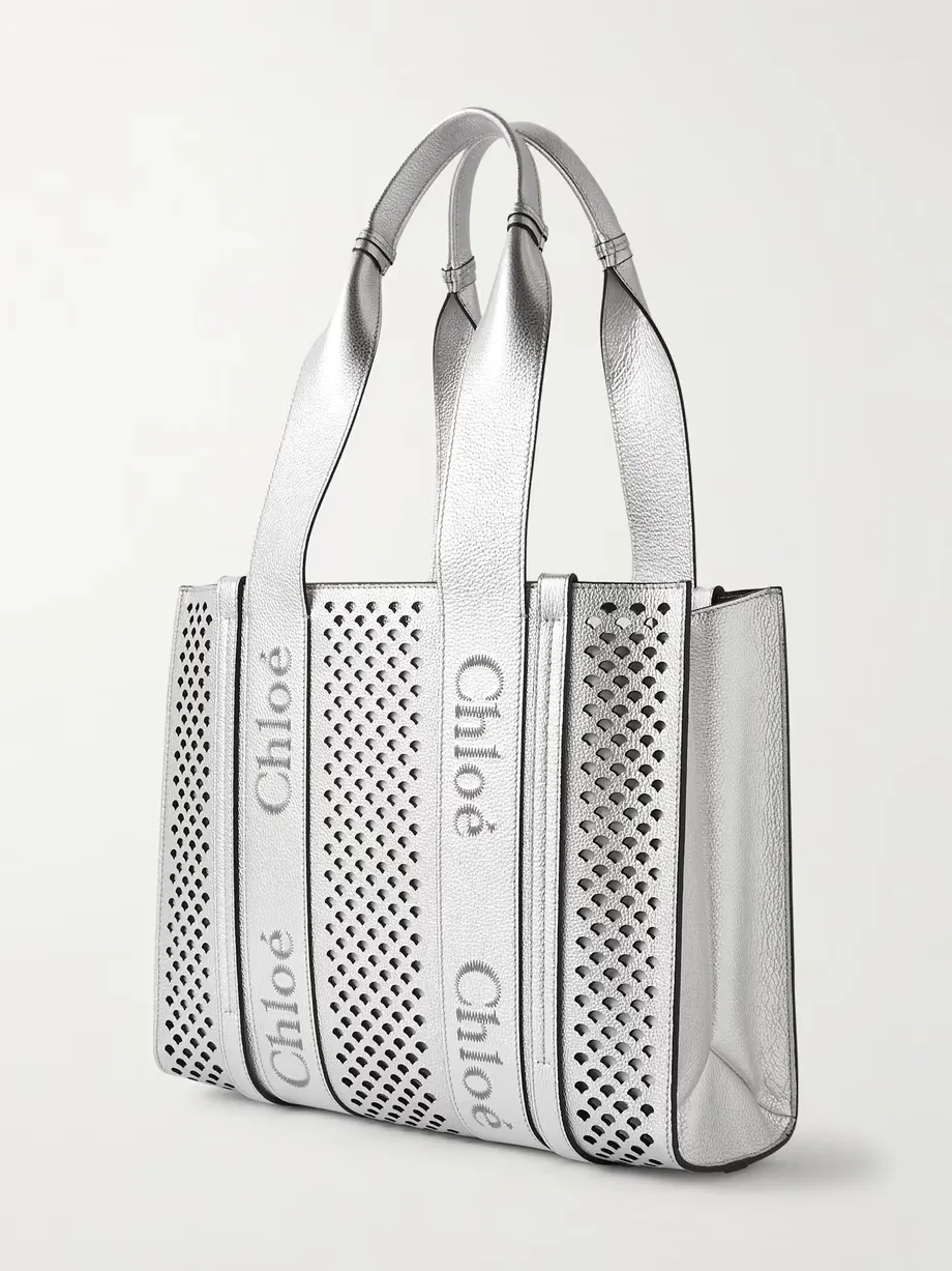 Woody embroidered laser-cut metallic leather tote