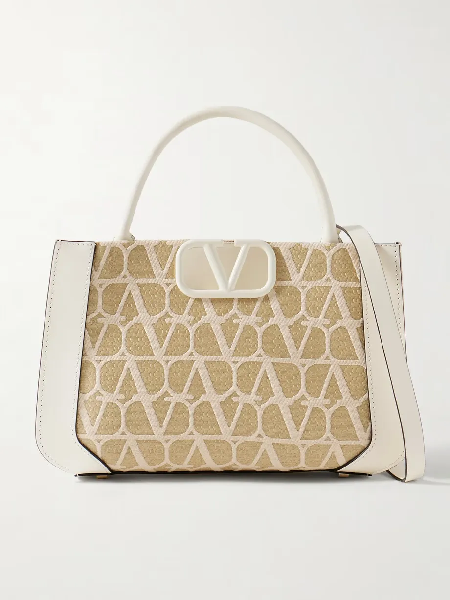 VLOGO small leather-trimmed embroidered raffia tote