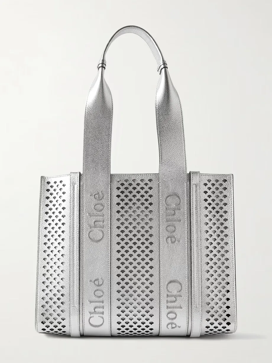 Woody embroidered laser-cut metallic leather tote
