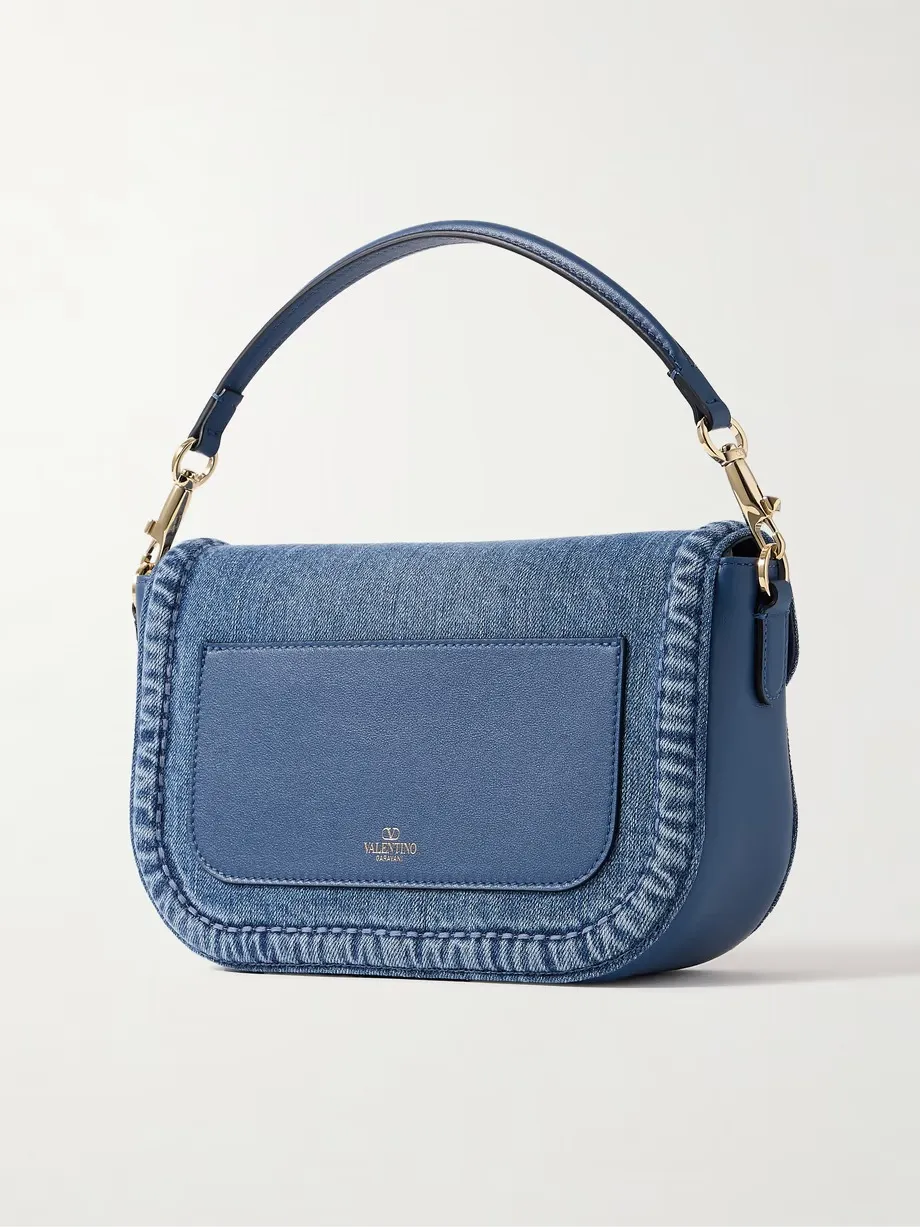 VLOGO embellished denim and leather shoulder bag