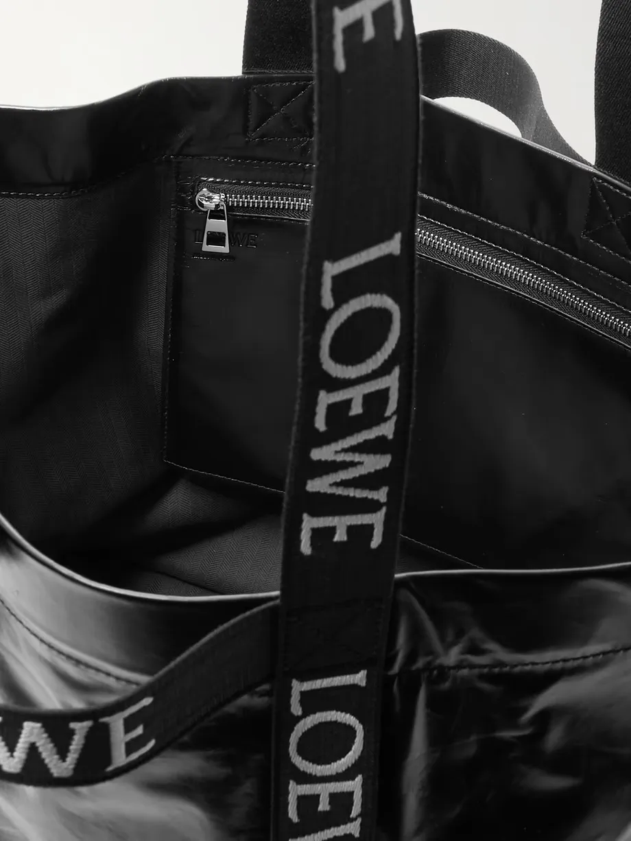 Fold large webbing-trimmed leather tote