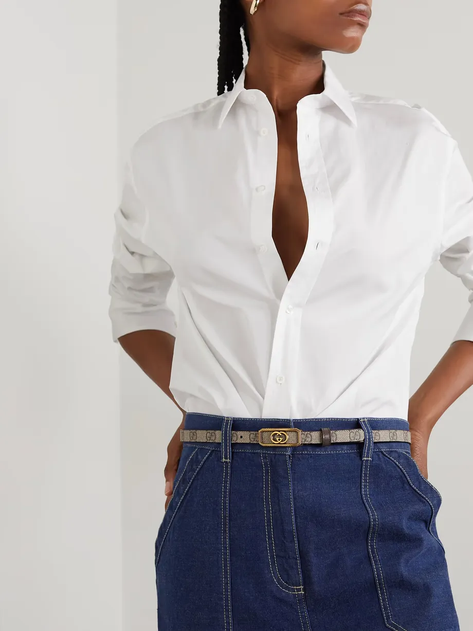 Embellished coated-canvas and leather belt