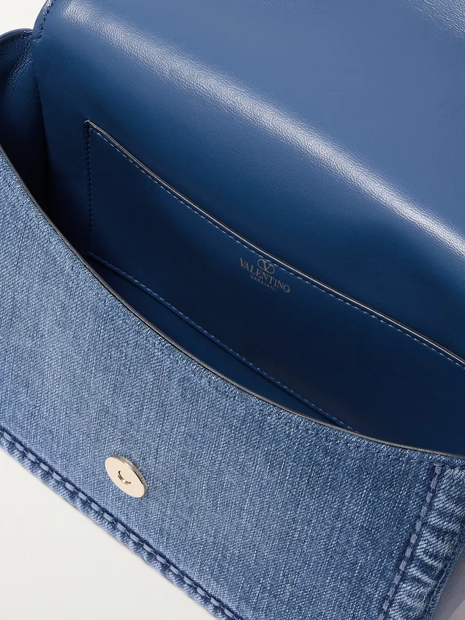 VLOGO embellished denim and leather shoulder bag