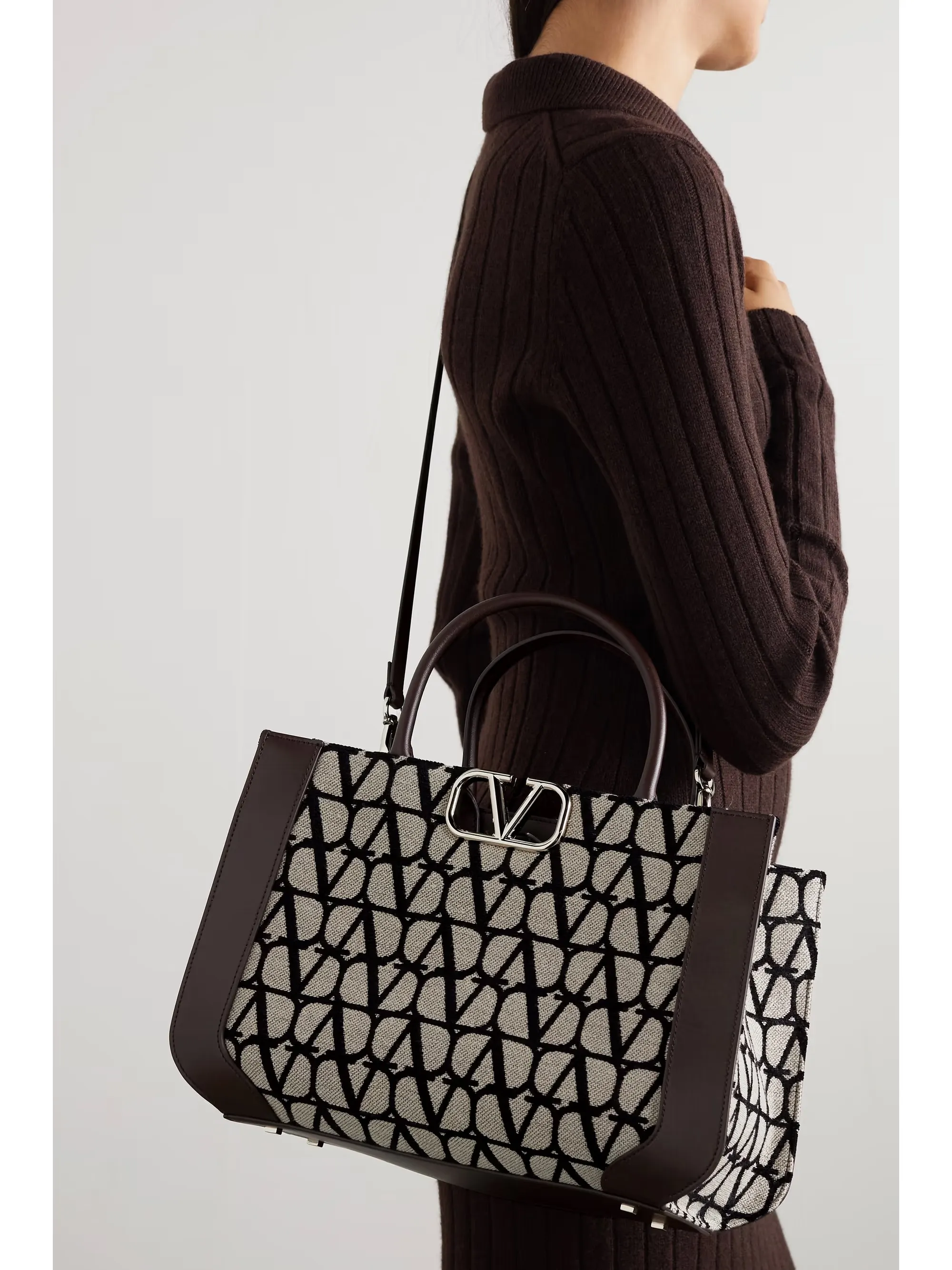 VLOGO medium leather-trimmed canvas-jacquard tote