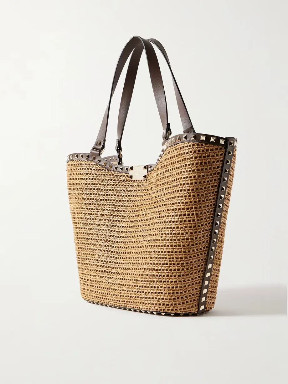 Rockstud leather-trimmed raffia tote