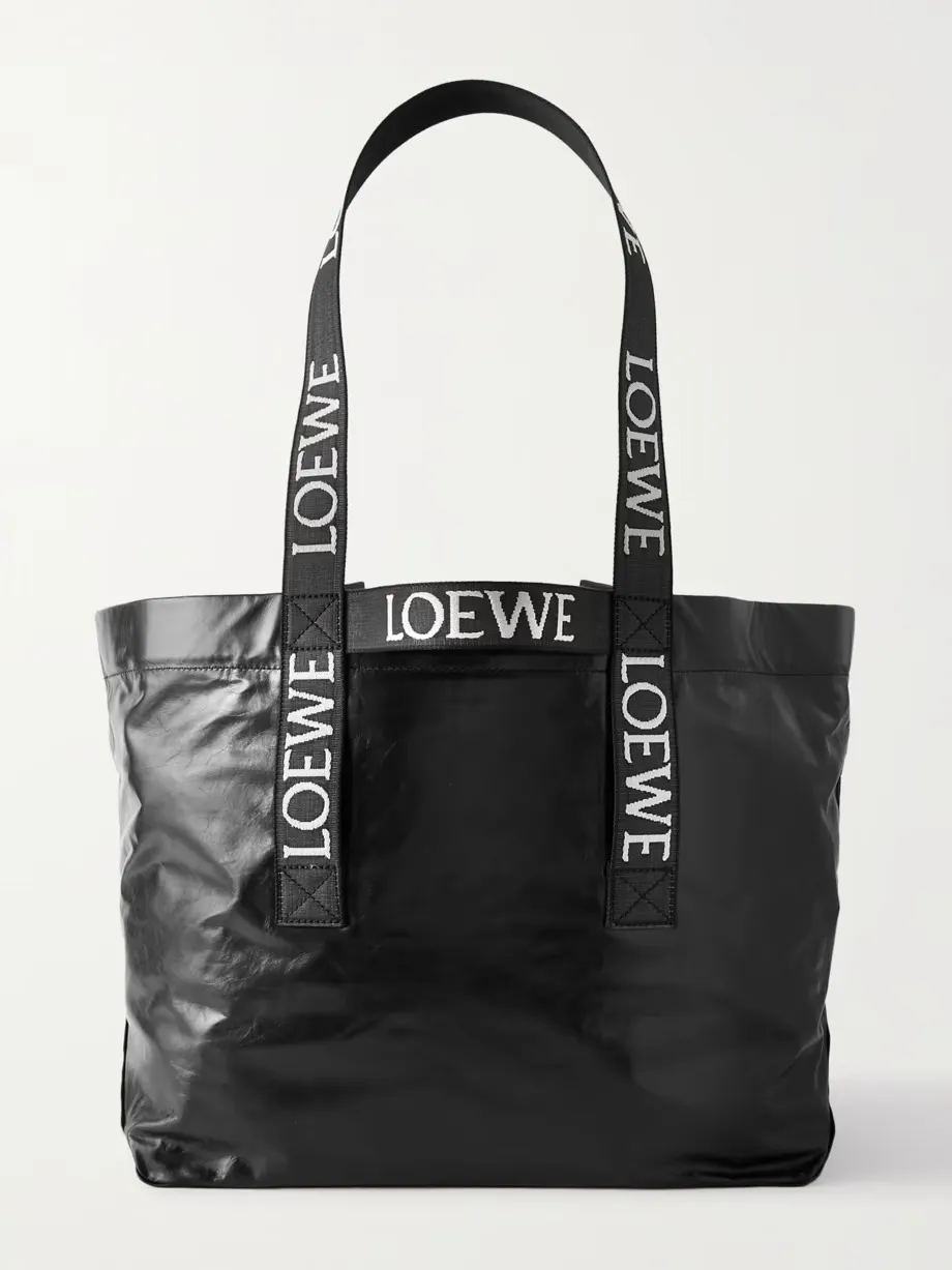 Fold large webbing-trimmed leather tote