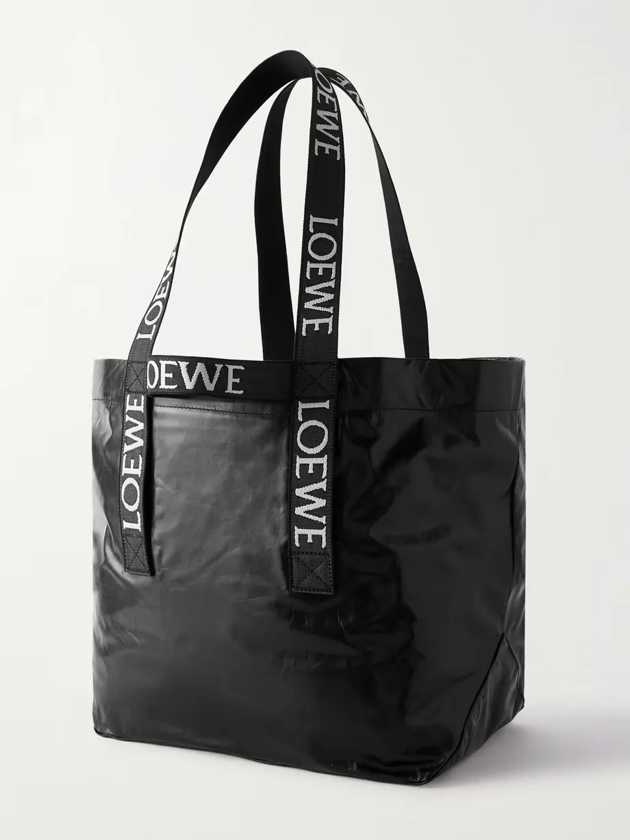 Fold large webbing-trimmed leather tote