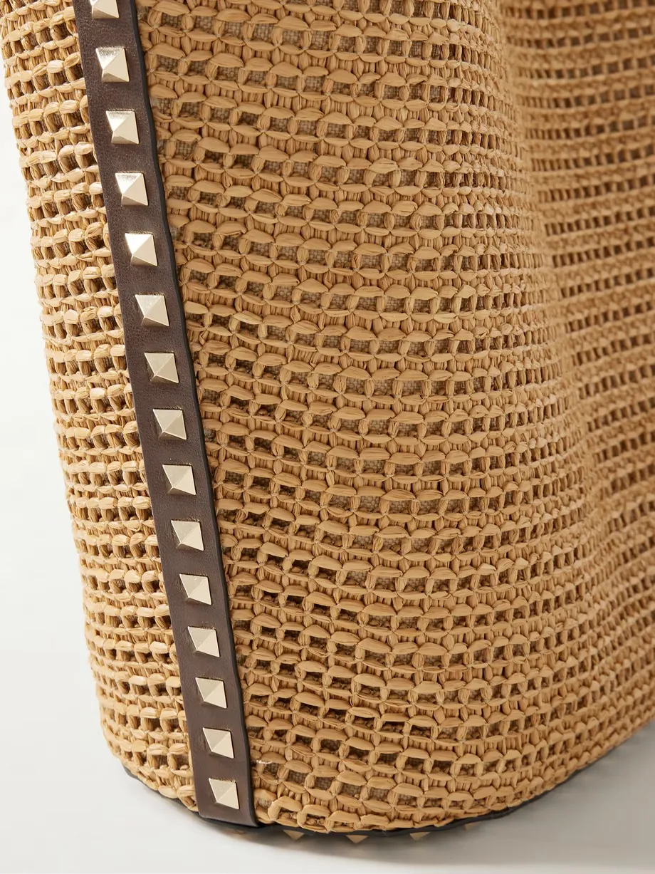 Rockstud leather-trimmed raffia tote