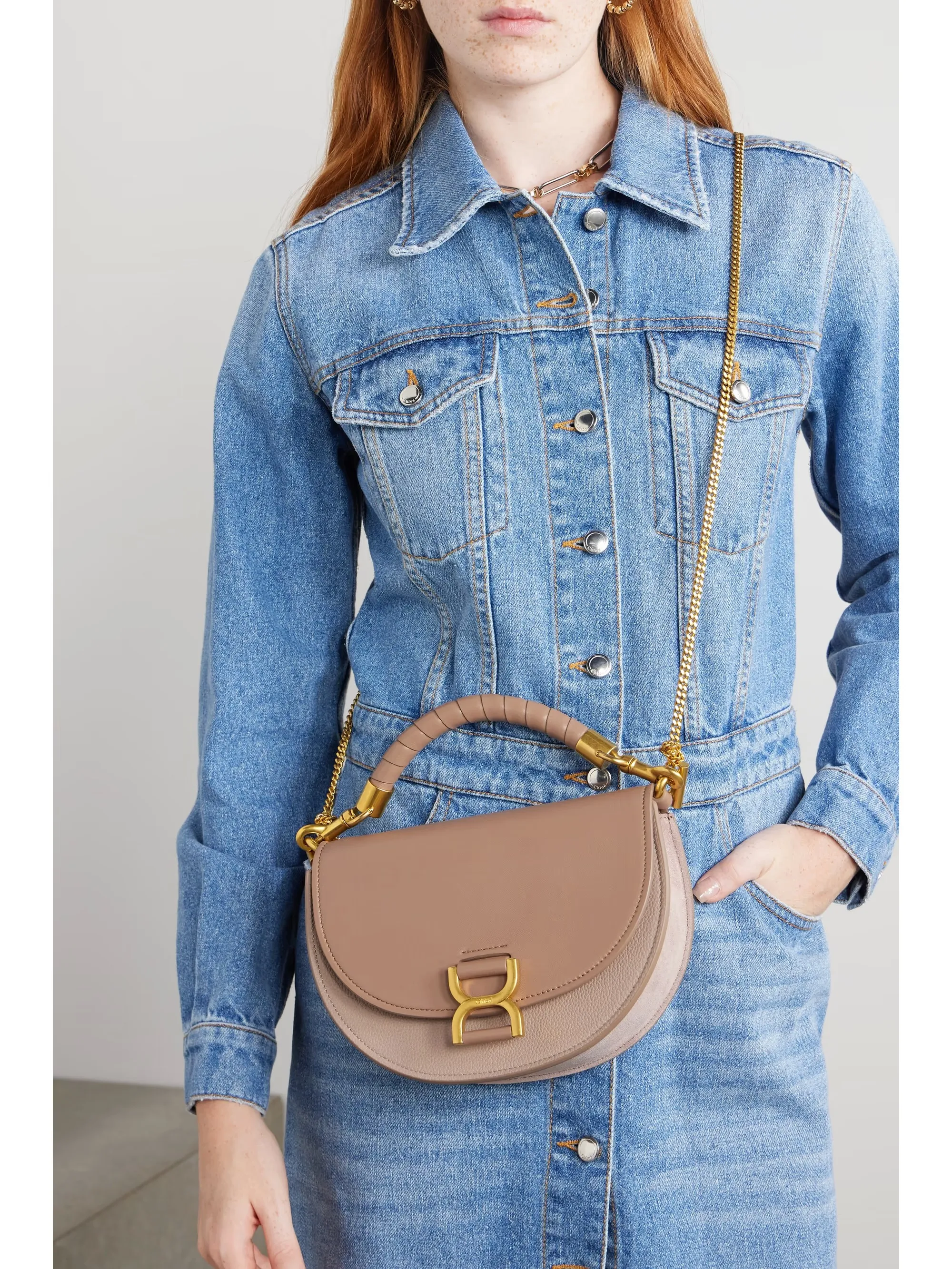 Marcie mini suede-trimmed leather shoulder bag