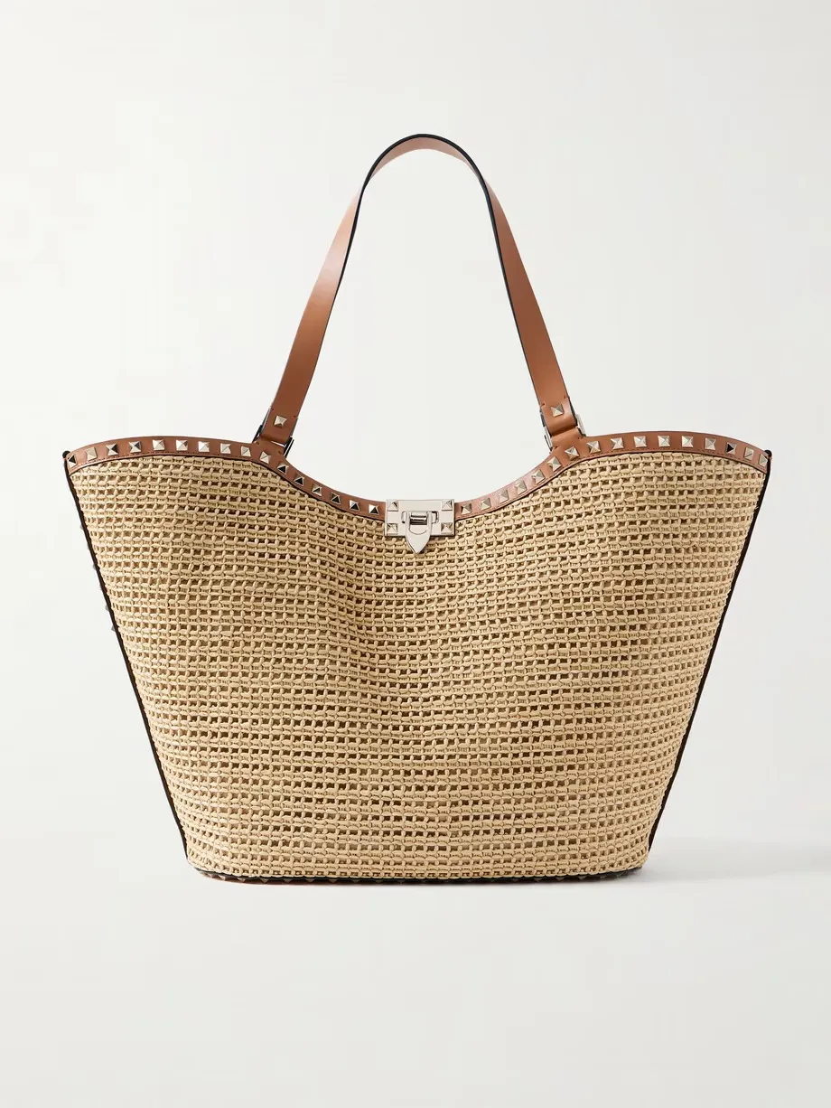 Rockstud leather-trimmed raffia tote