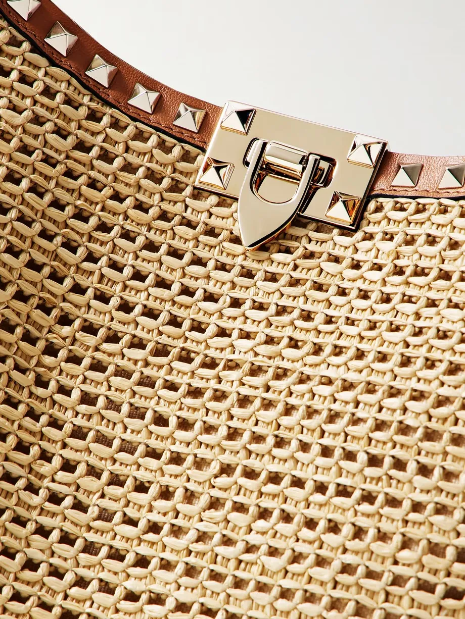 Rockstud leather-trimmed raffia tote