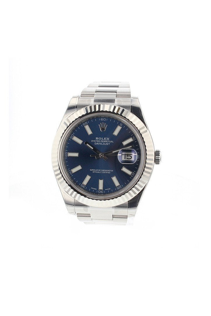 Datejust II 41 Blue Dial 18k White Gold Fluted Bezel Steel Men's Watch 116334