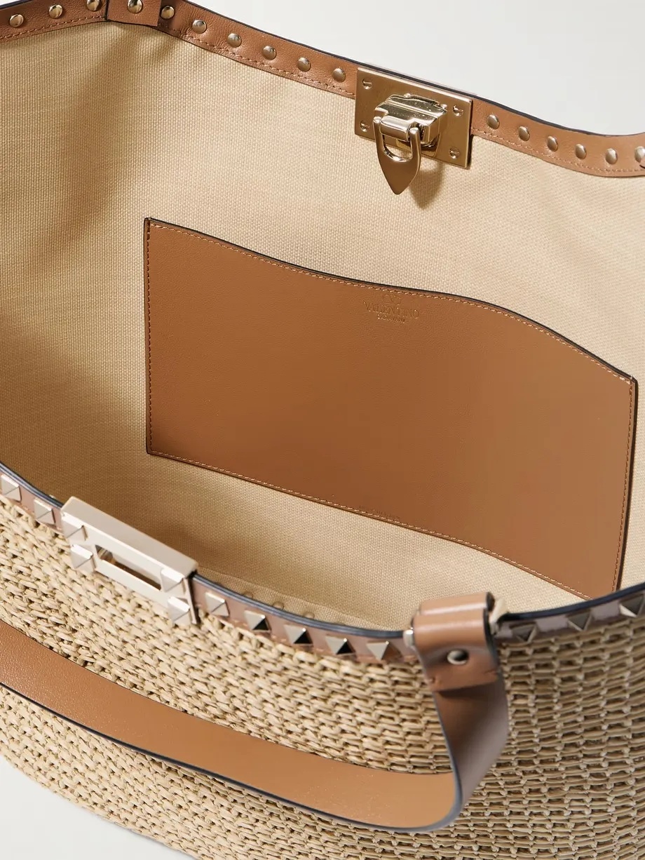Rockstud leather-trimmed raffia tote