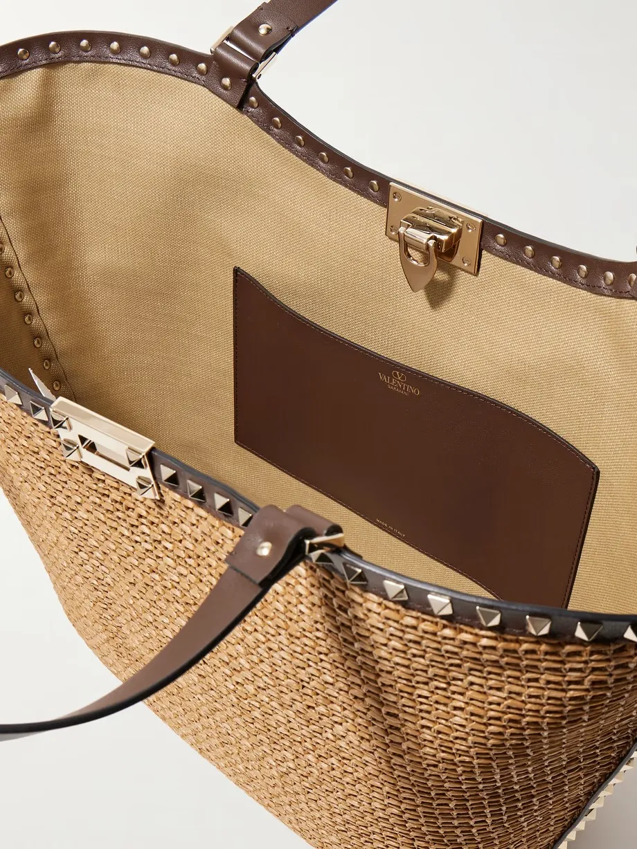 Rockstud leather-trimmed raffia tote