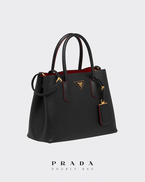 Prada Small Saffiano Leather Double Prada Bag in Black