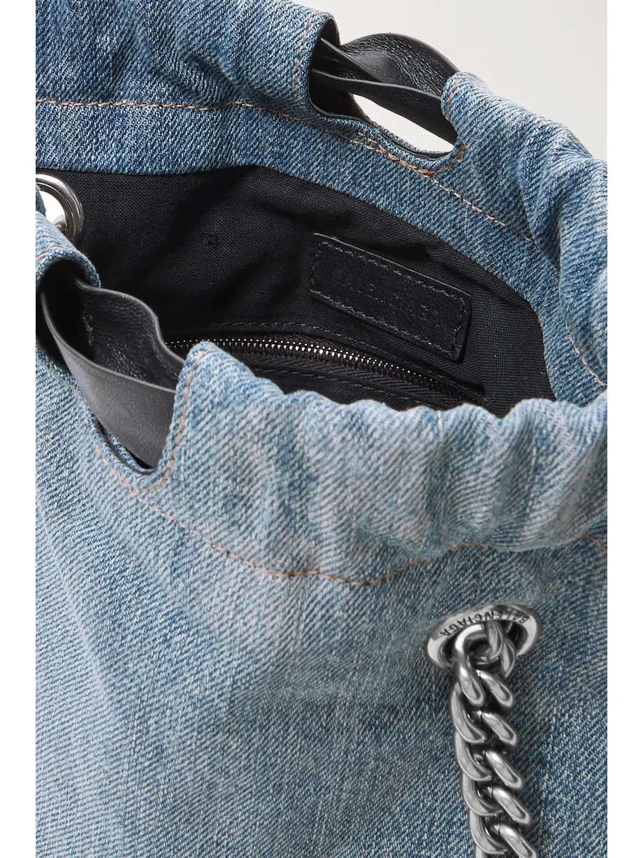 Leather-trimmed denim tote