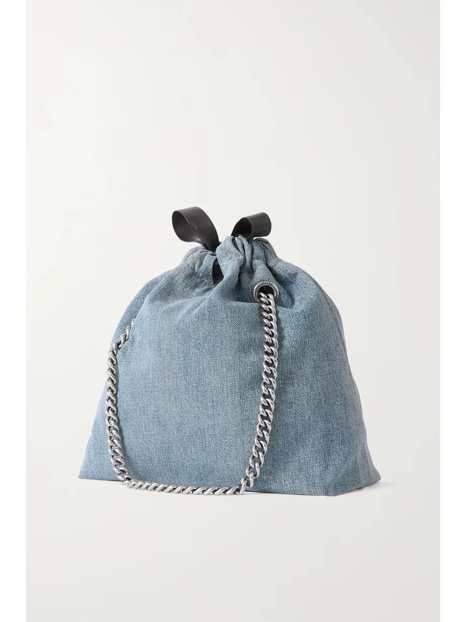 Leather-trimmed denim tote