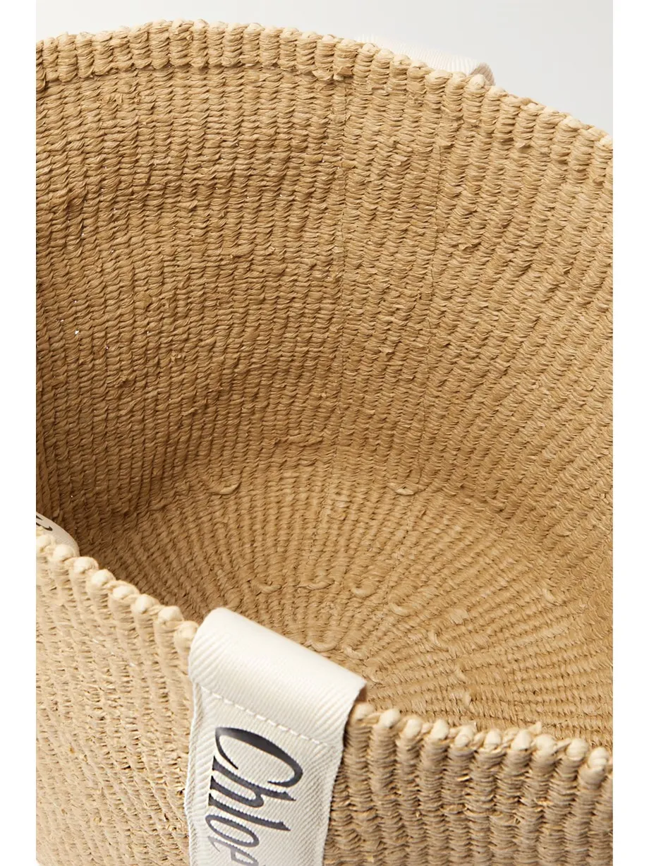 Woody large leather-trimmed raffia tote