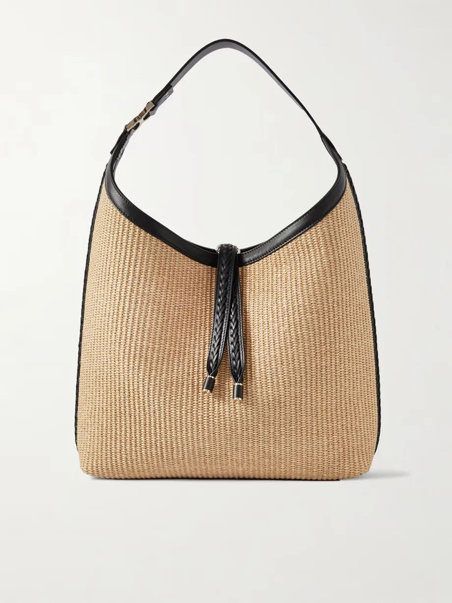 Marcie leather-trimmed raffia shoulder bag