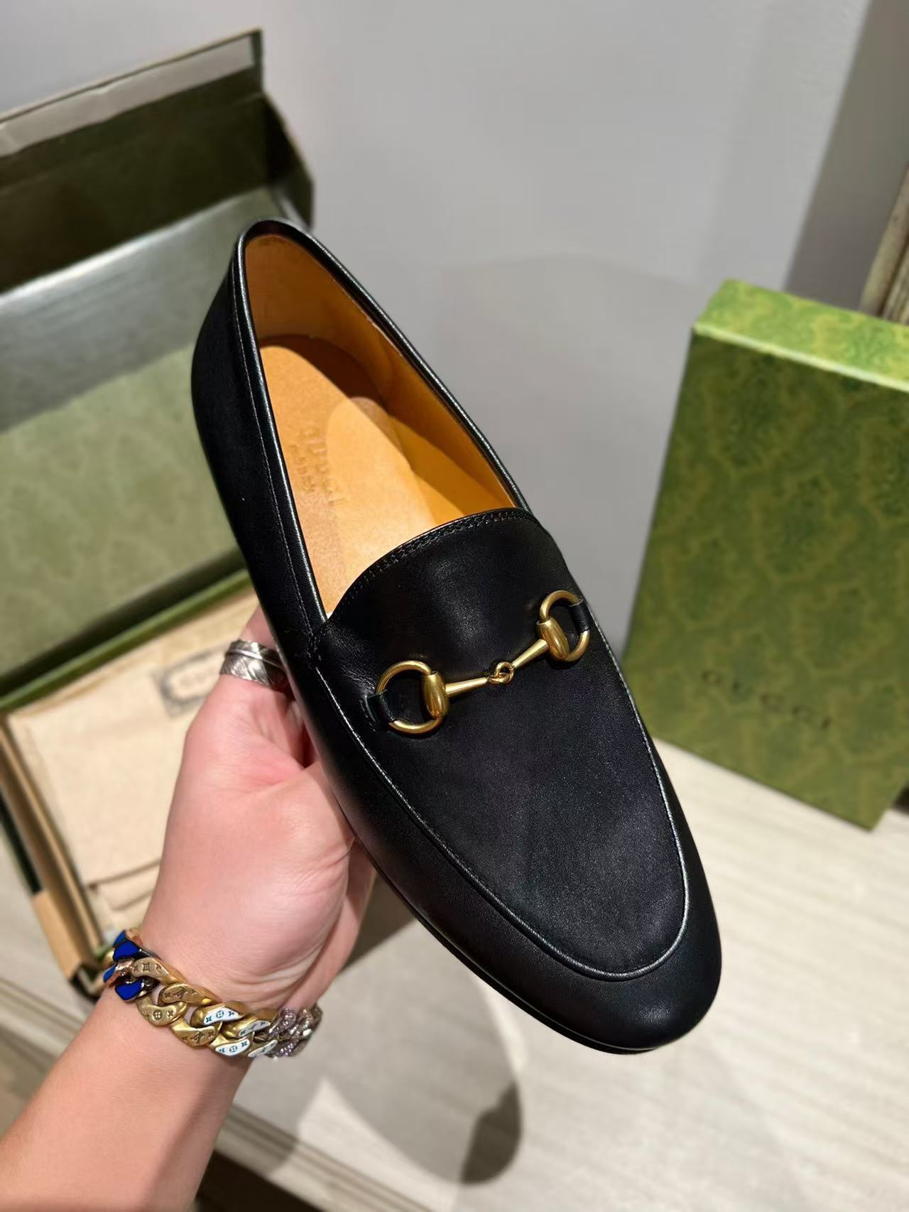 GUCCI  Calfskin Womens Jordaan Loafers 42 Black