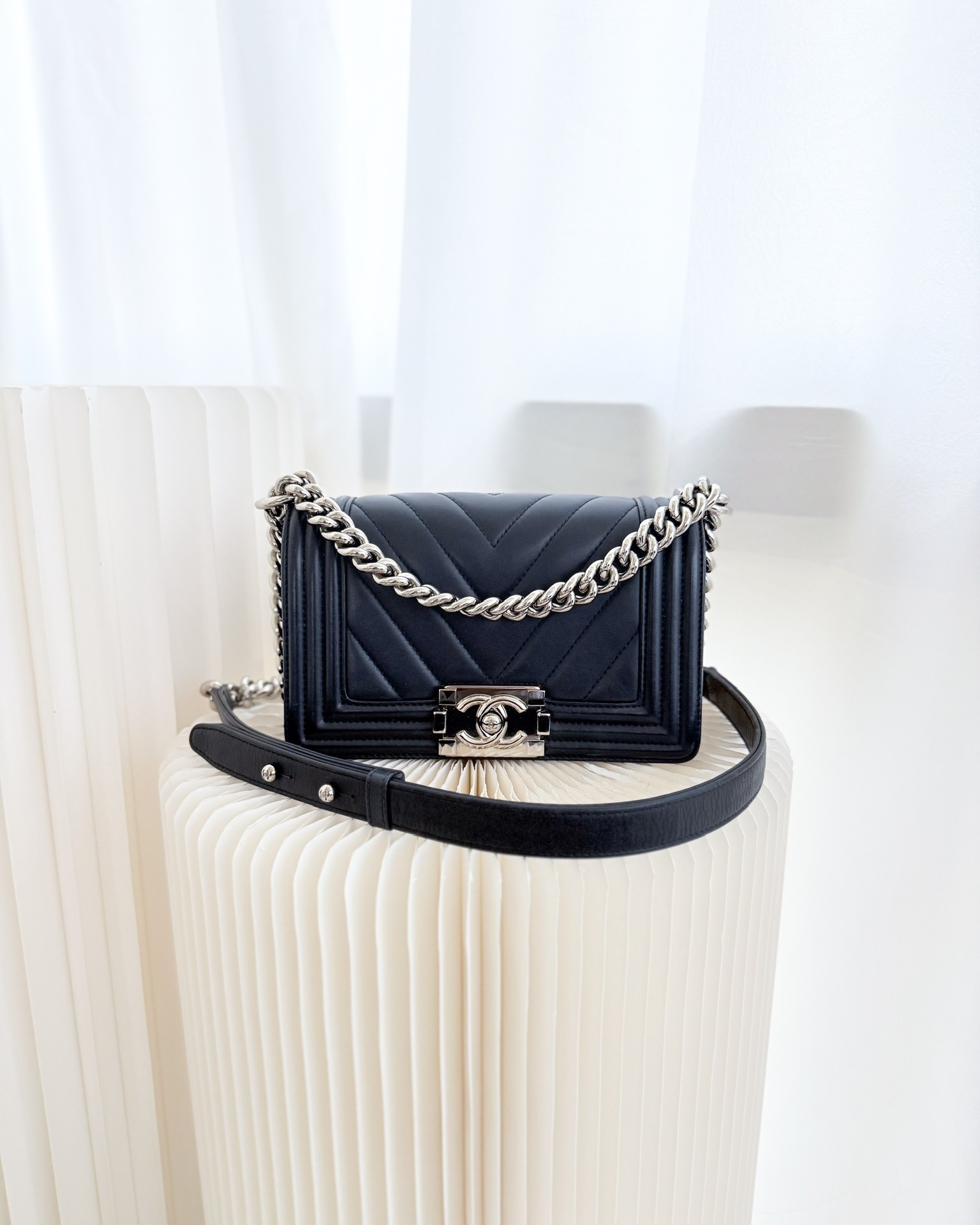 Chanel Small Chevron Boy Navy Calfskin Silver Hardware