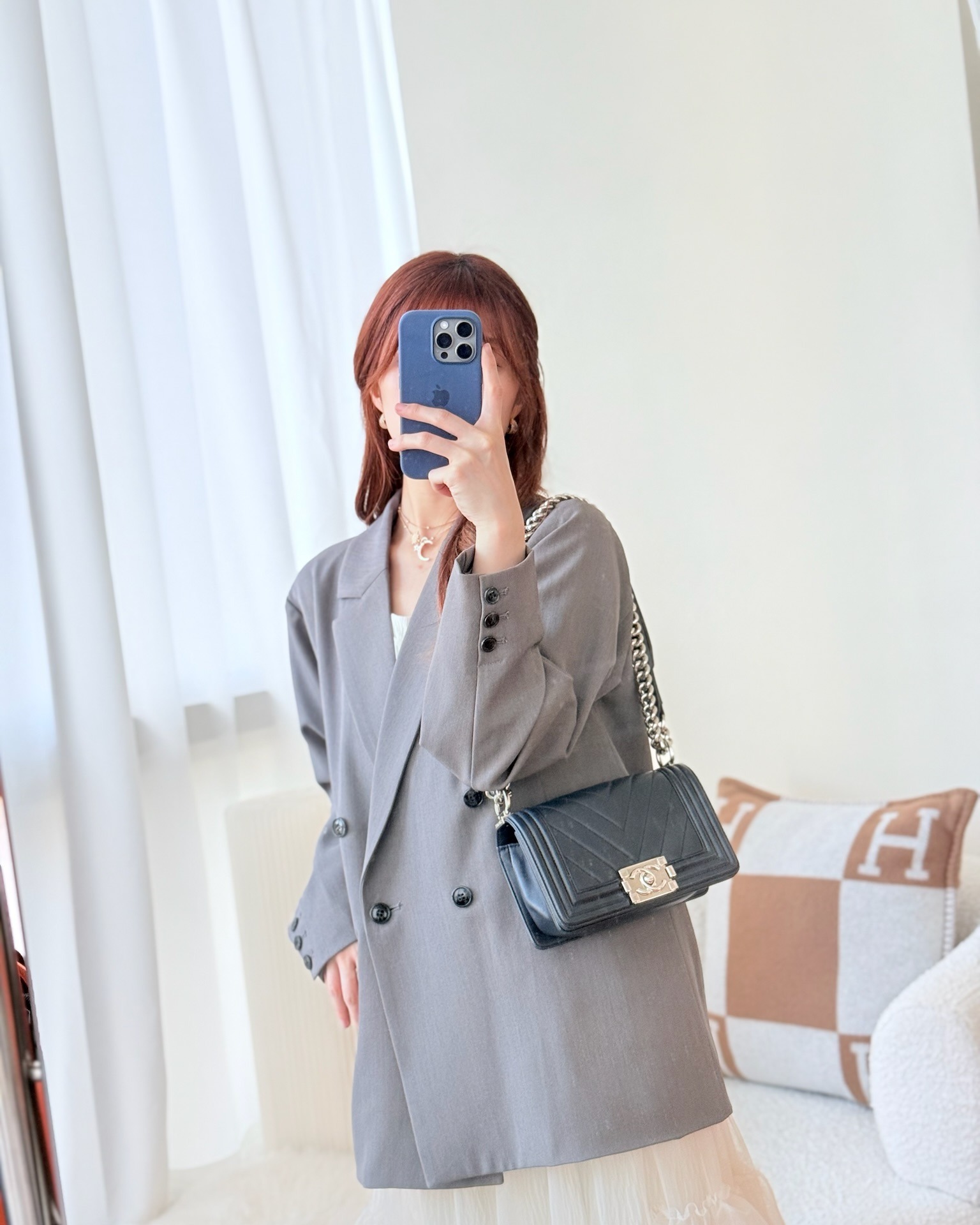 Chanel Small Chevron Boy Navy Calfskin Silver Hardware