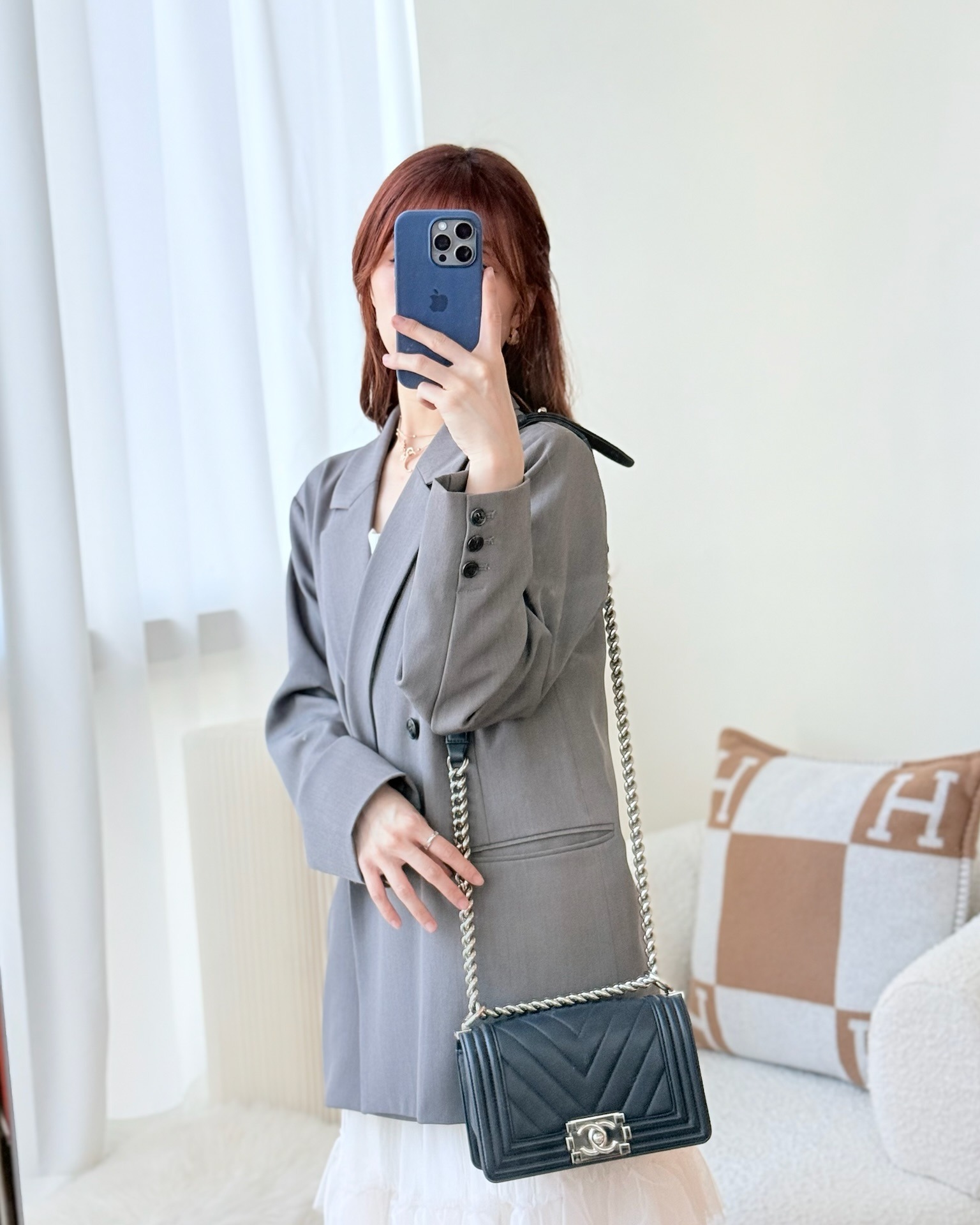 Chanel Small Chevron Boy Navy Calfskin Silver Hardware