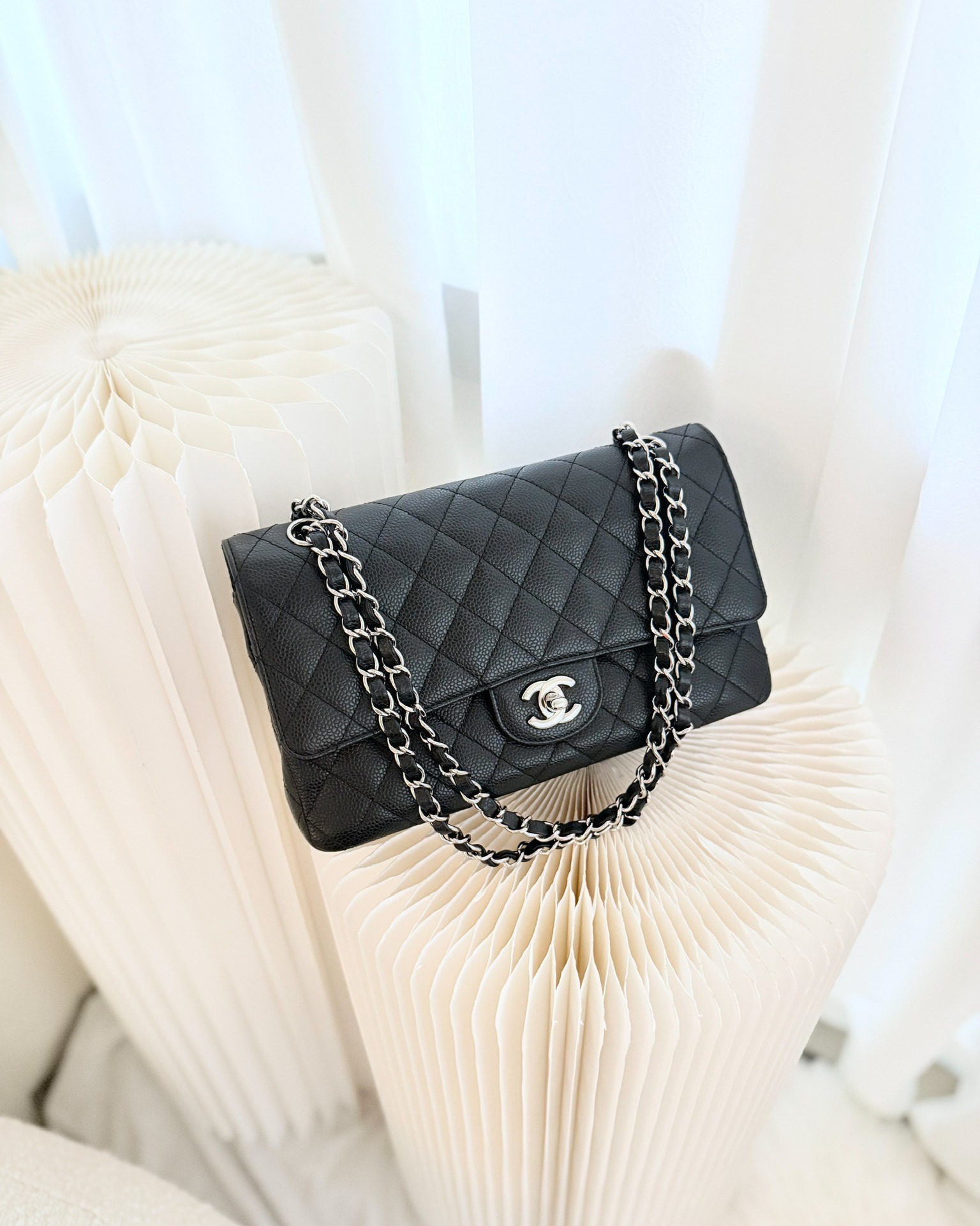 Chanel Classic M/L Medium Flap Quilted Black Caviar Silver Hardware