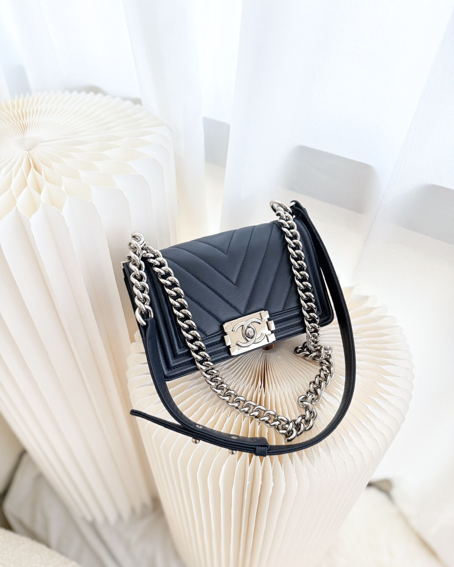 Chanel Small Chevron Boy Navy Calfskin Silver Hardware