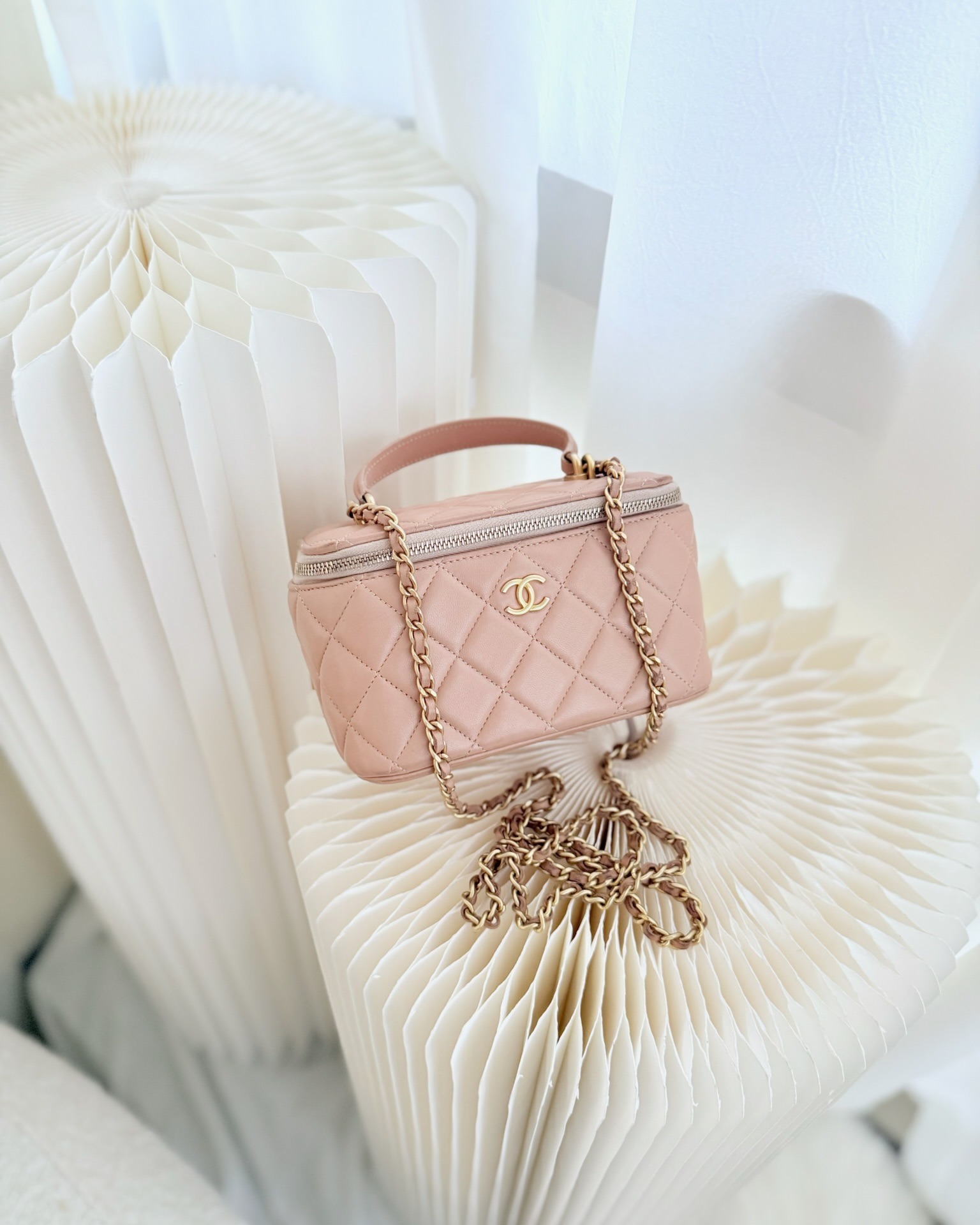 Chanel Vanity Rectangular Top Handle Beige Lambskin Aged Gold Hardware