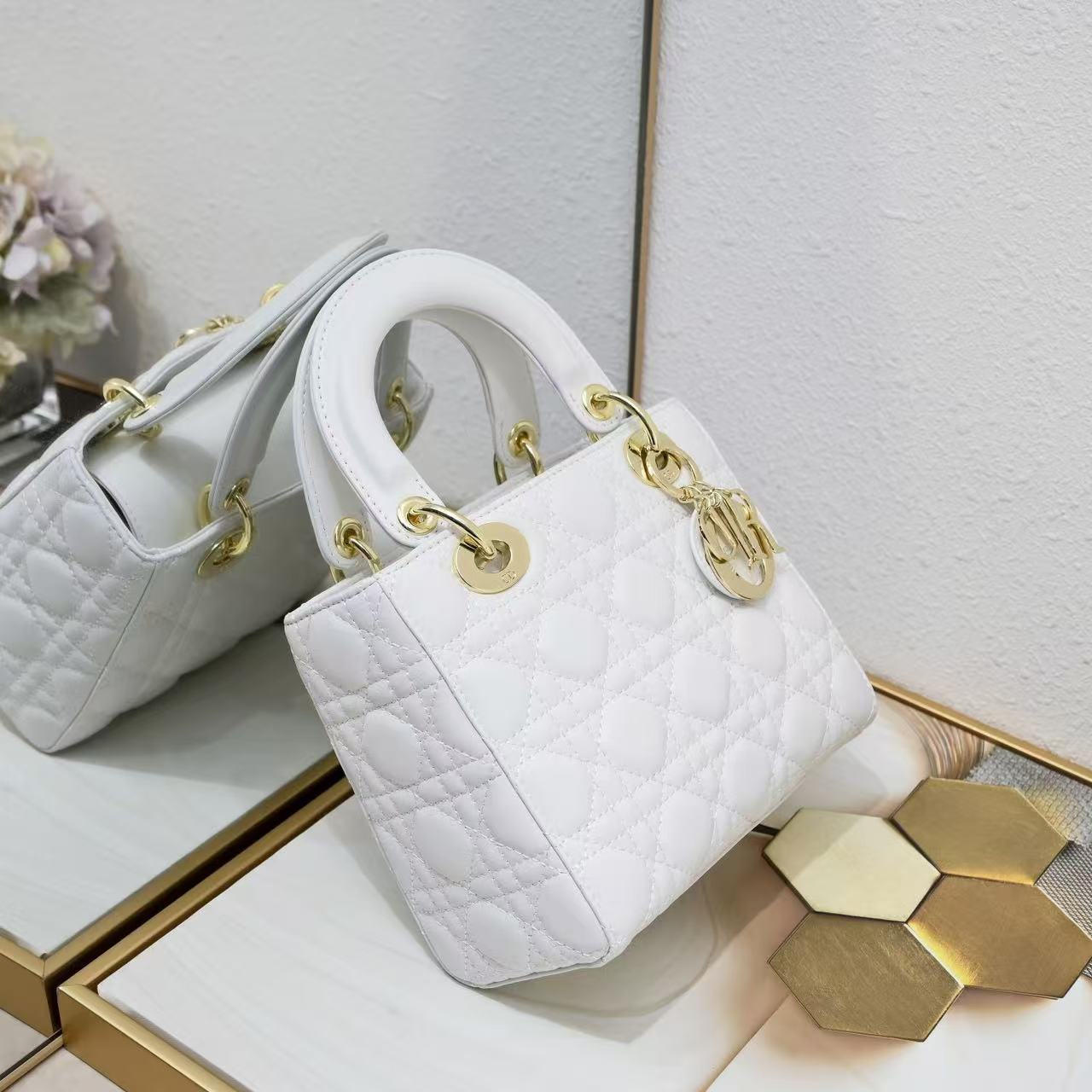 DI Small Lady Bag Gold Toned Hardware White