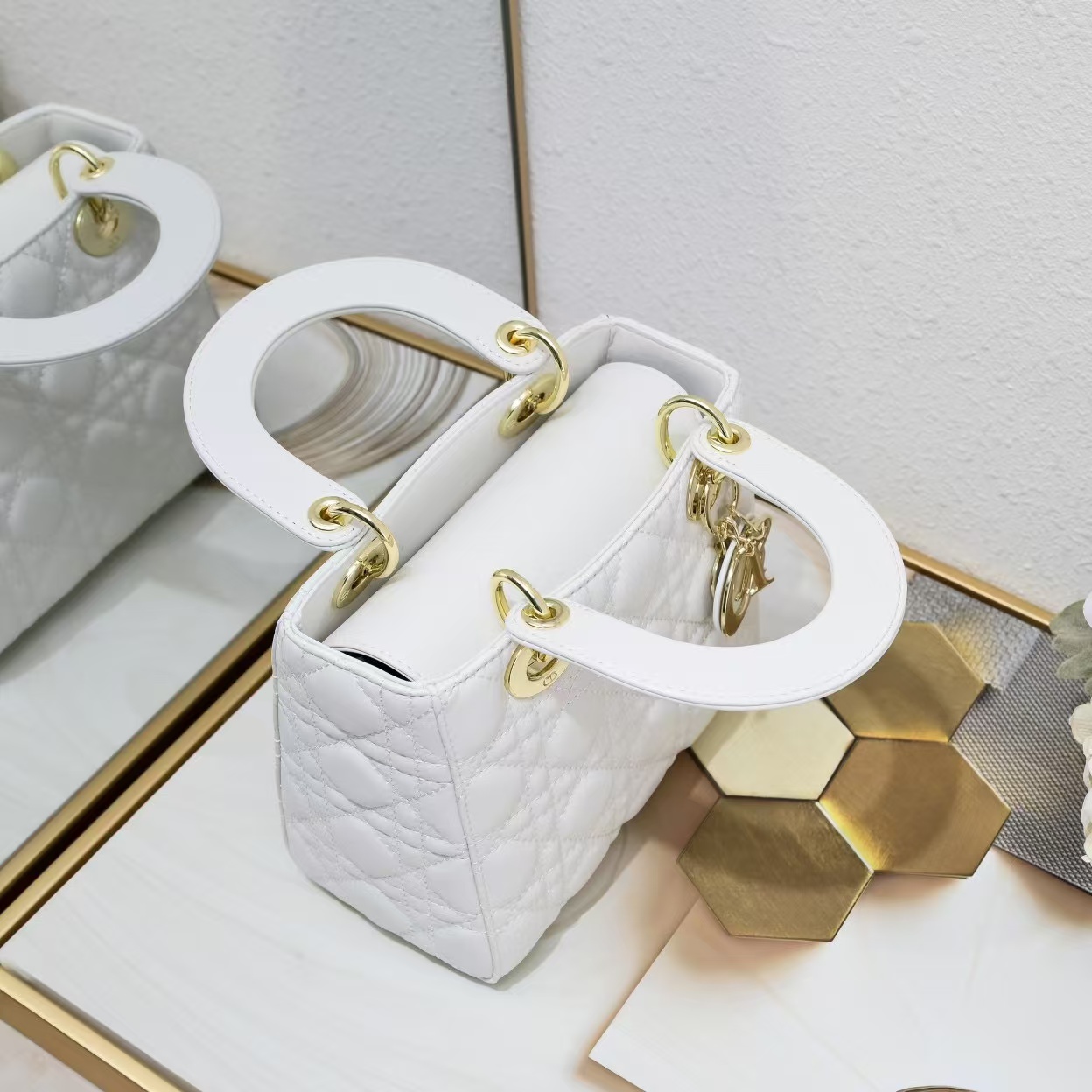 DI Small Lady Bag Gold Toned Hardware White