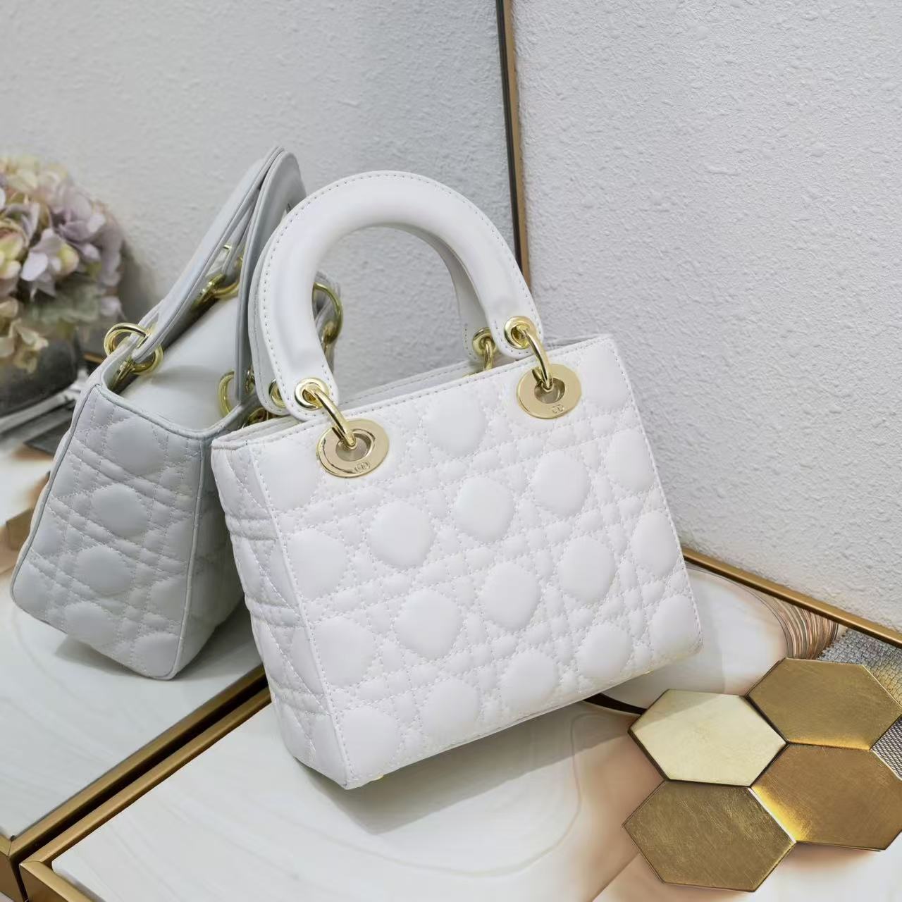 DI Small Lady Bag Gold Toned Hardware White
