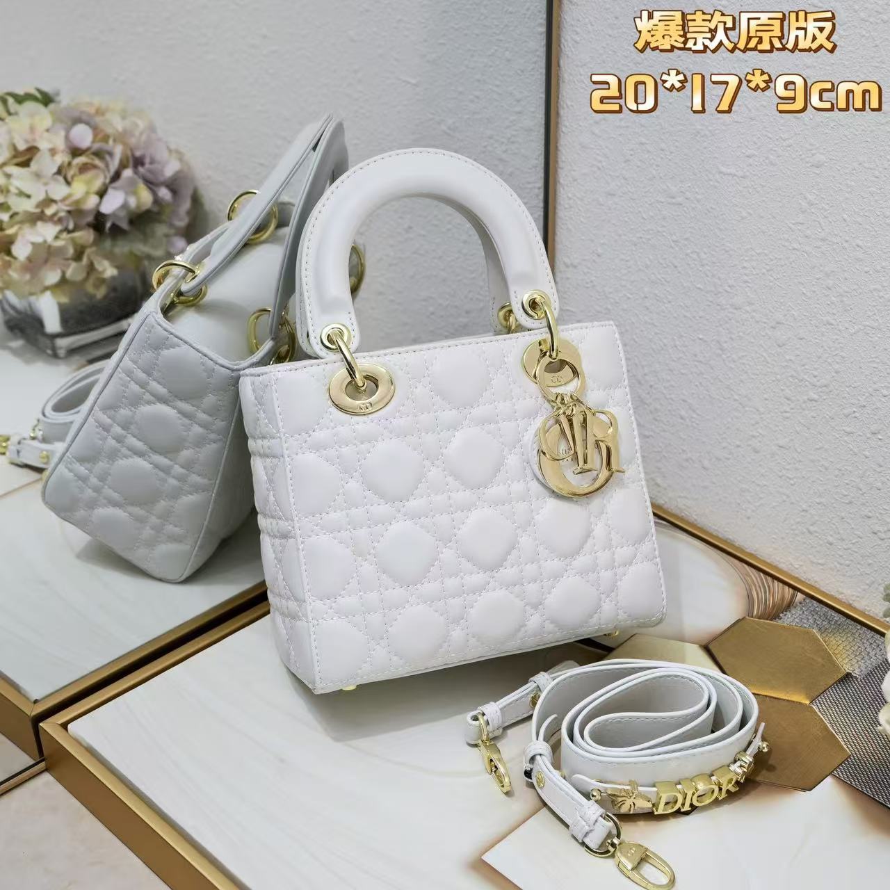 DI Small Lady Bag Gold Toned Hardware White
