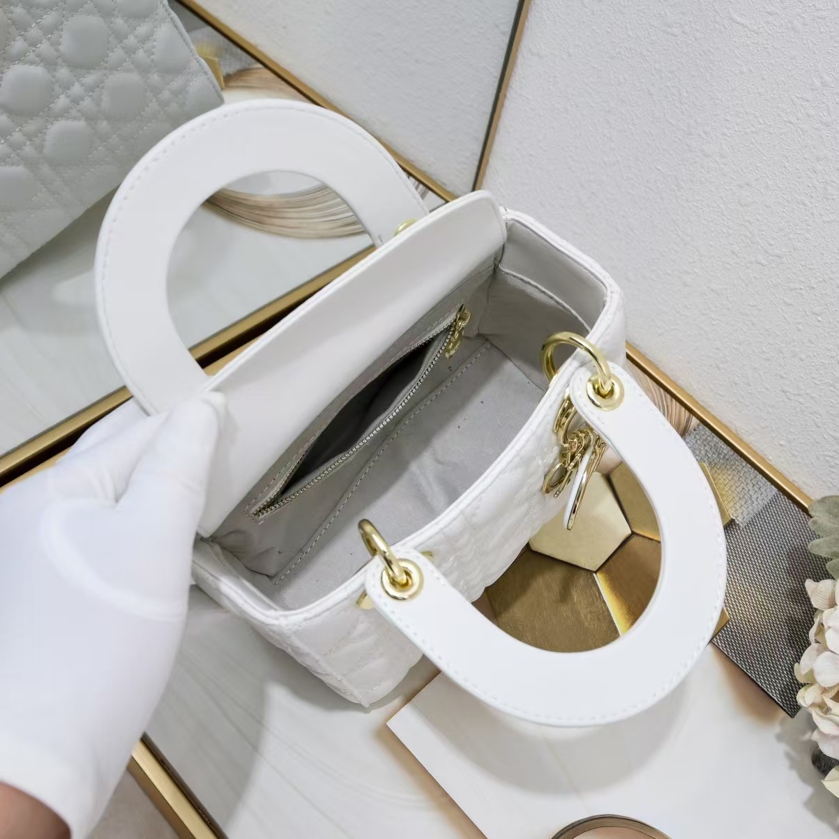 DI Small Lady Bag Gold Toned Hardware White