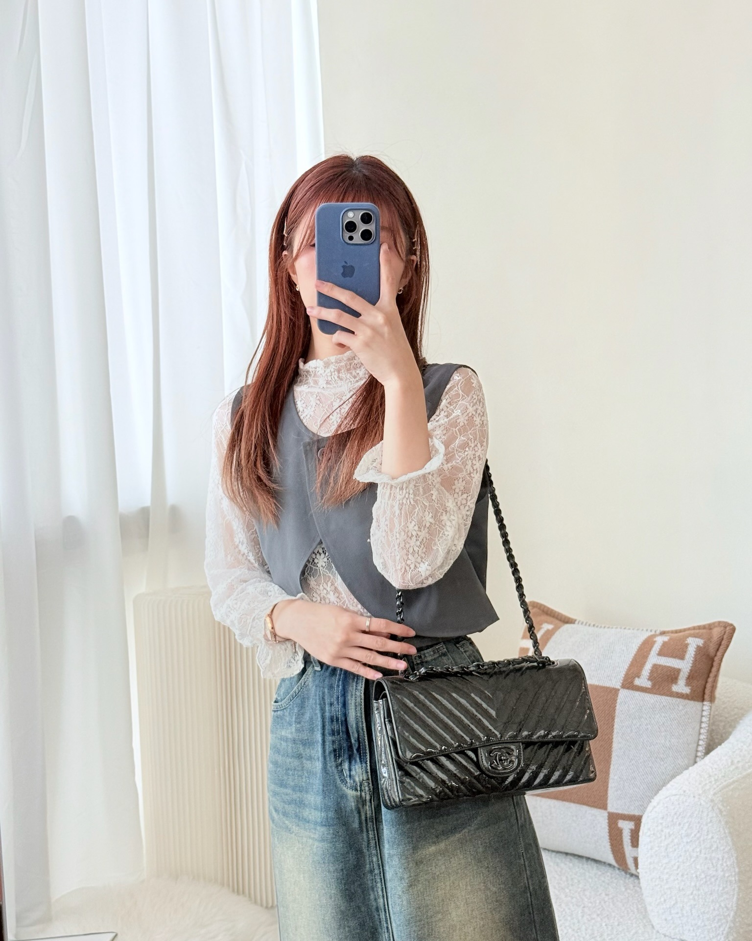 Chanel Classic Chevron M/L Medium Double Flap So Black Patent Calfskin