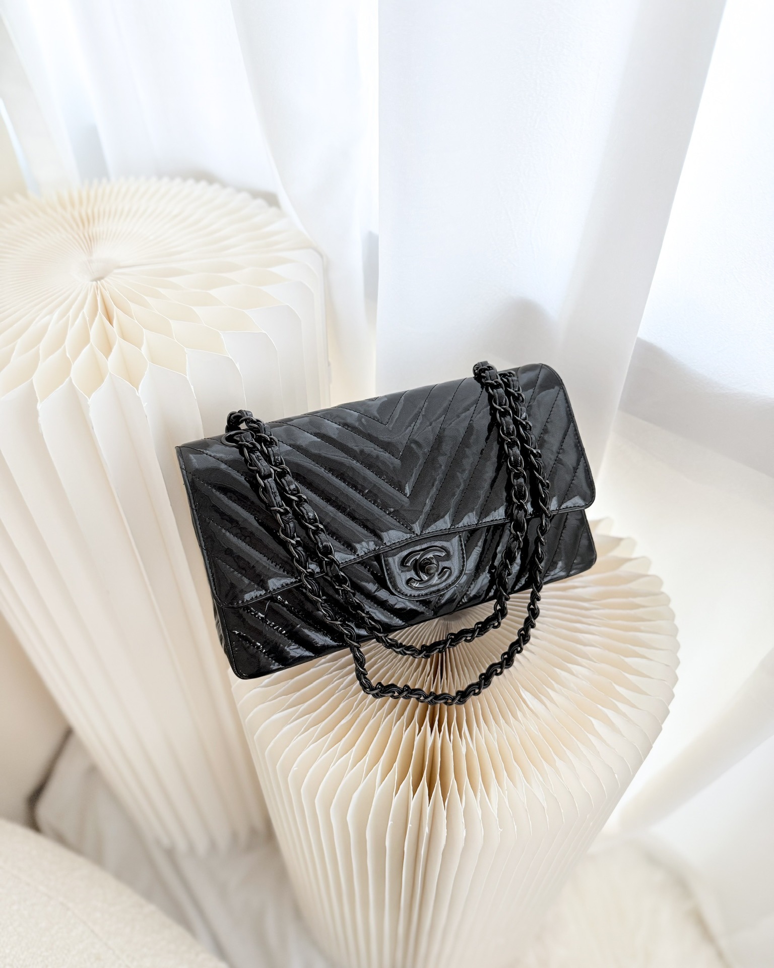 Chanel Classic Chevron M/L Medium Double Flap So Black Patent Calfskin