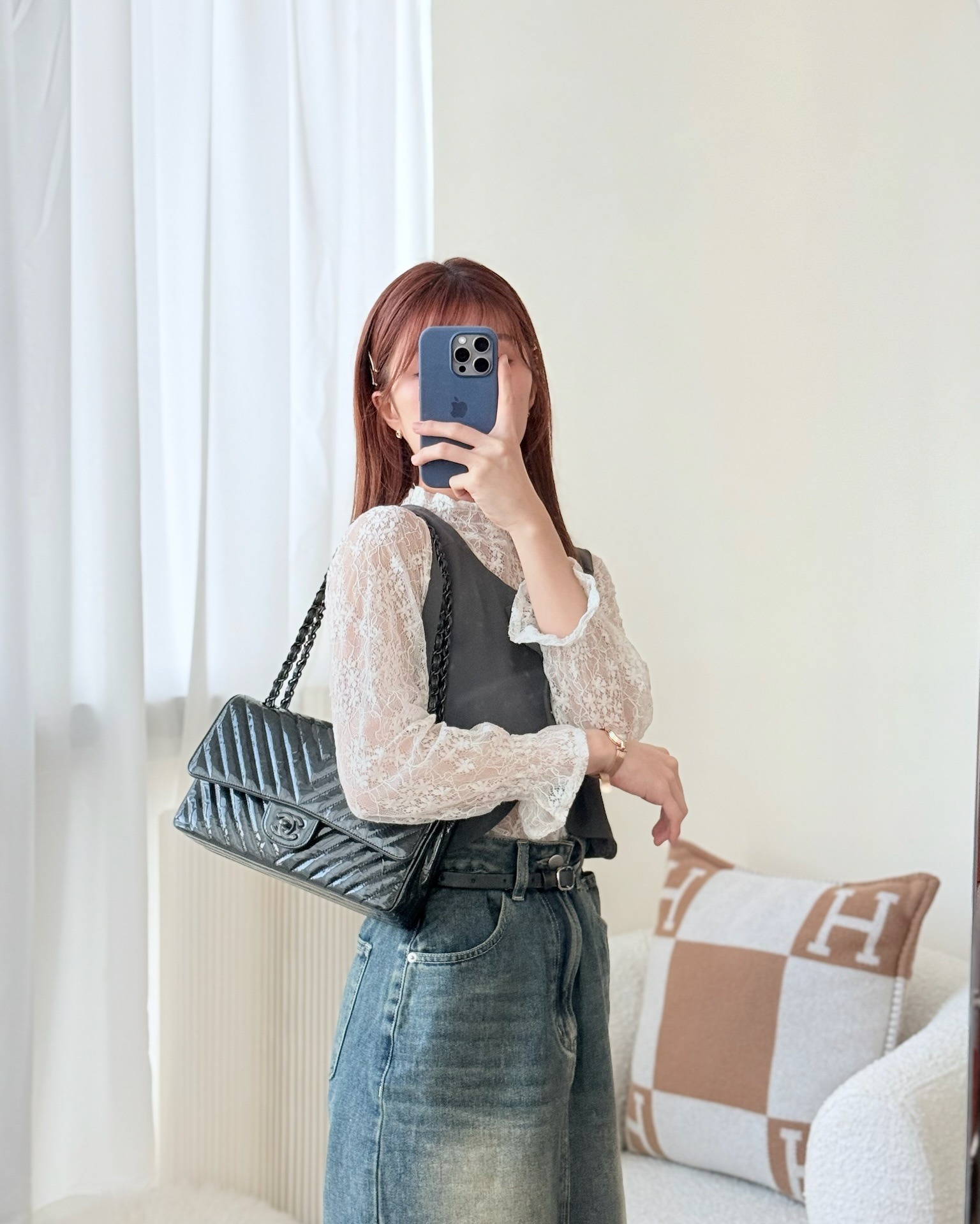 Chanel Classic Chevron M/L Medium Double Flap So Black Patent Calfskin