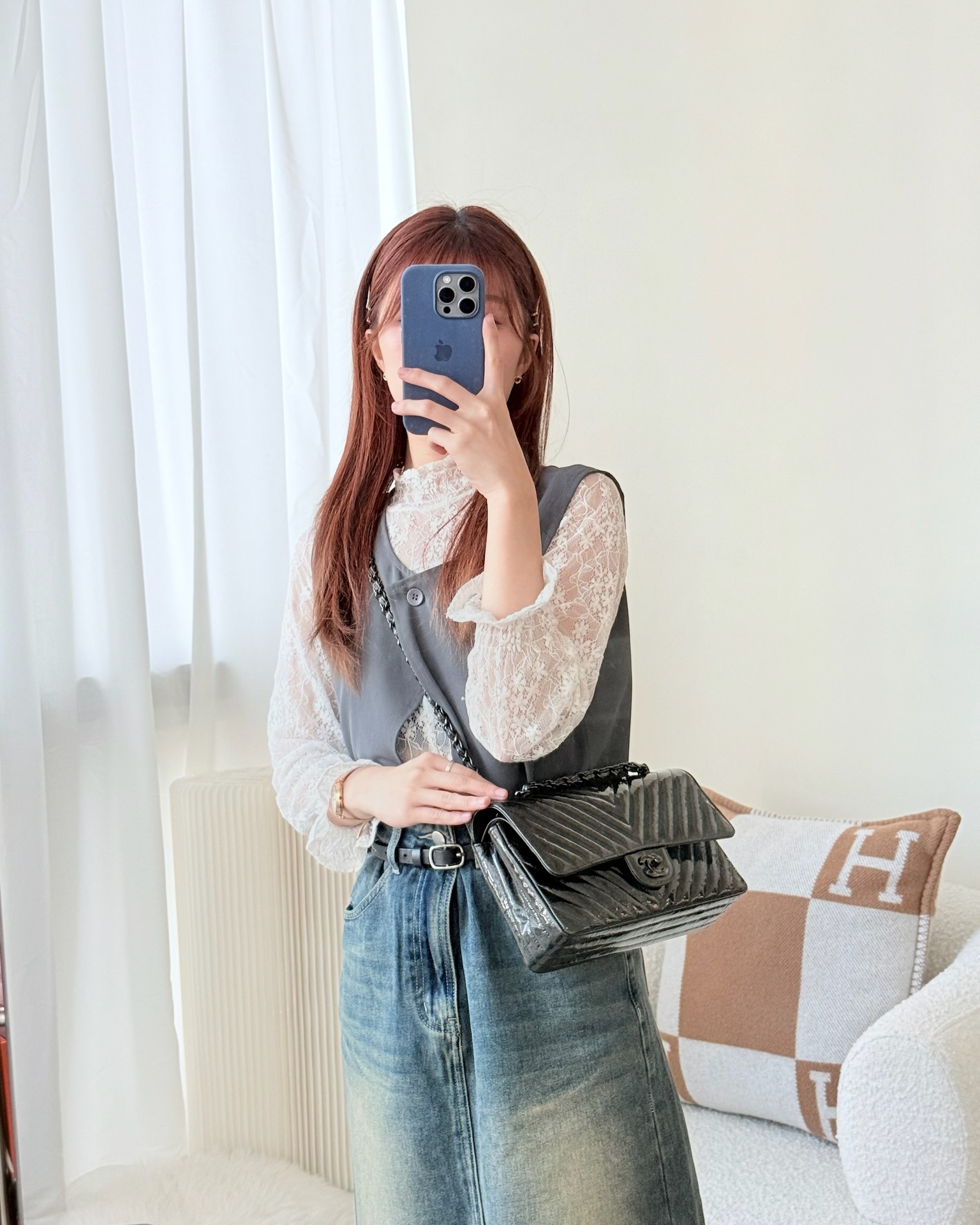 Chanel Classic Chevron M/L Medium Double Flap So Black Patent Calfskin