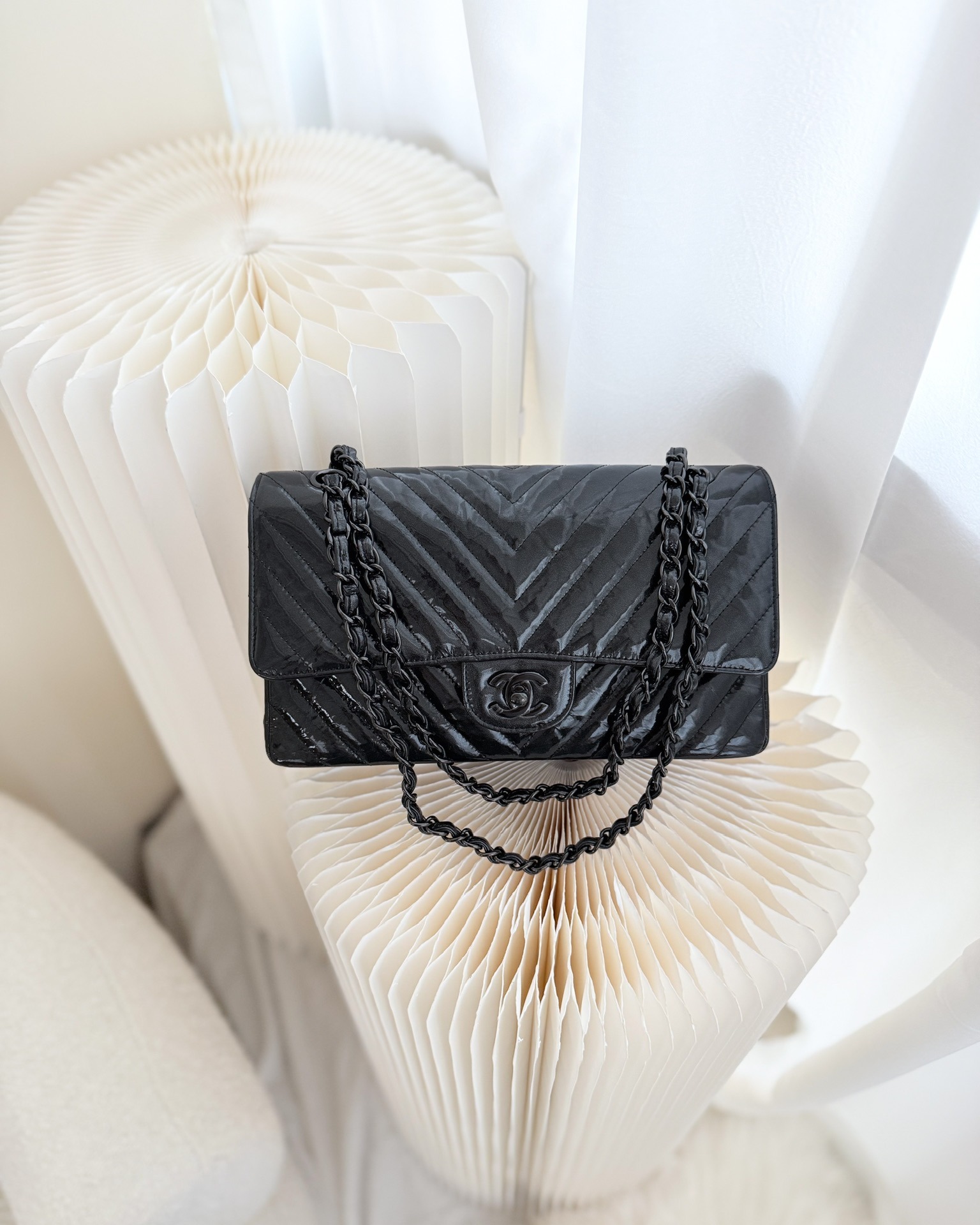 Chanel Classic Chevron M/L Medium Double Flap So Black Patent Calfskin