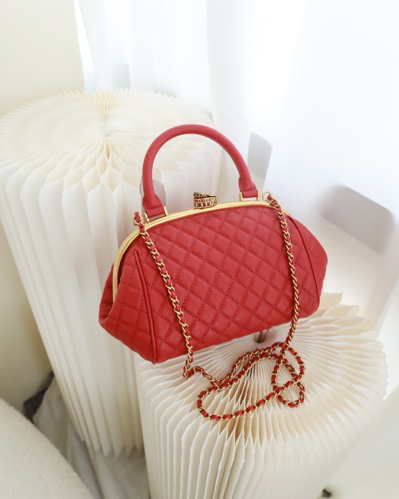 Chanel Quilted Kisslock Handbag With Chain Red Calfskin