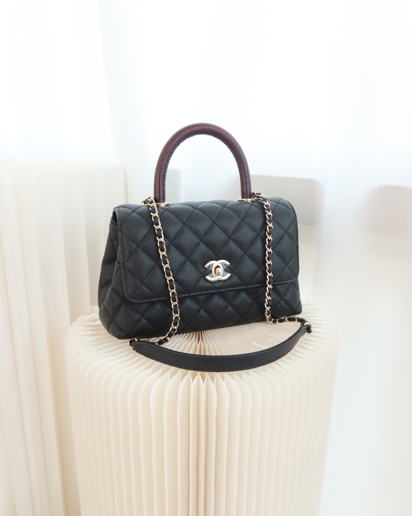 Chanel Small Coco Handle Quilted Black Caviar Embossed Lizard Handle