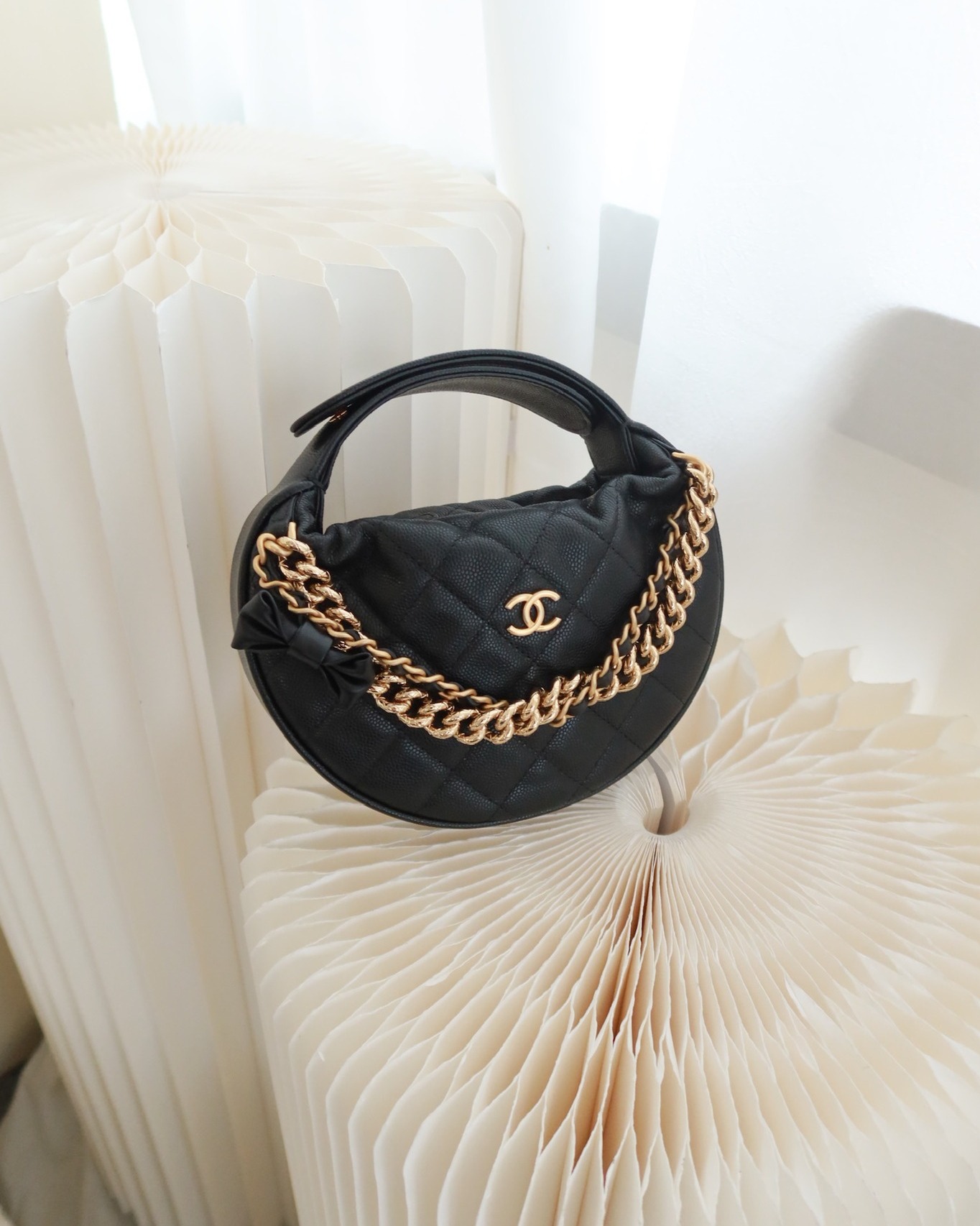 Chanel Bow Hobo Pouch Black Caviar 24S