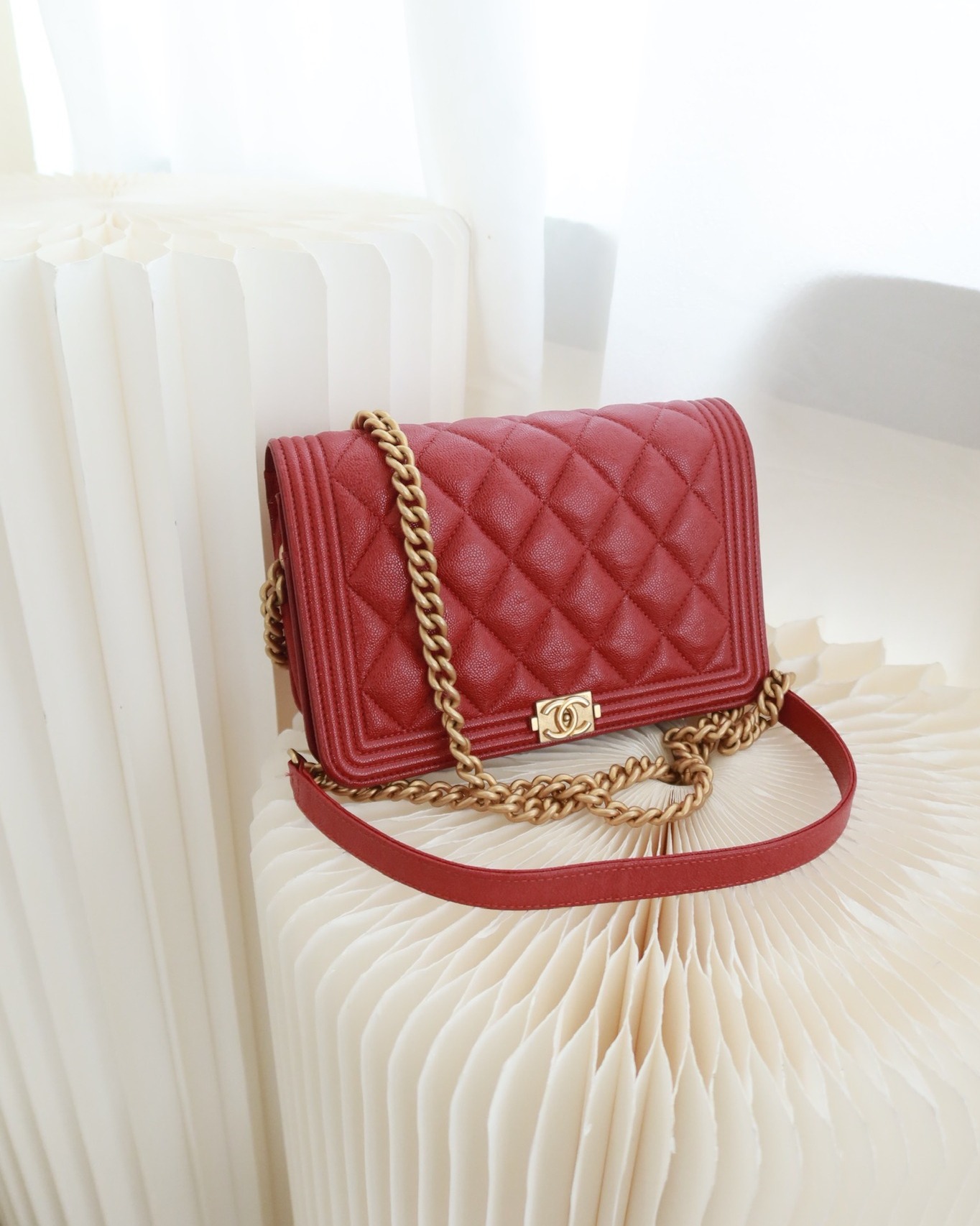 Chanel Quilted Boy Wallet on Chain WOC Red Caviar Aged