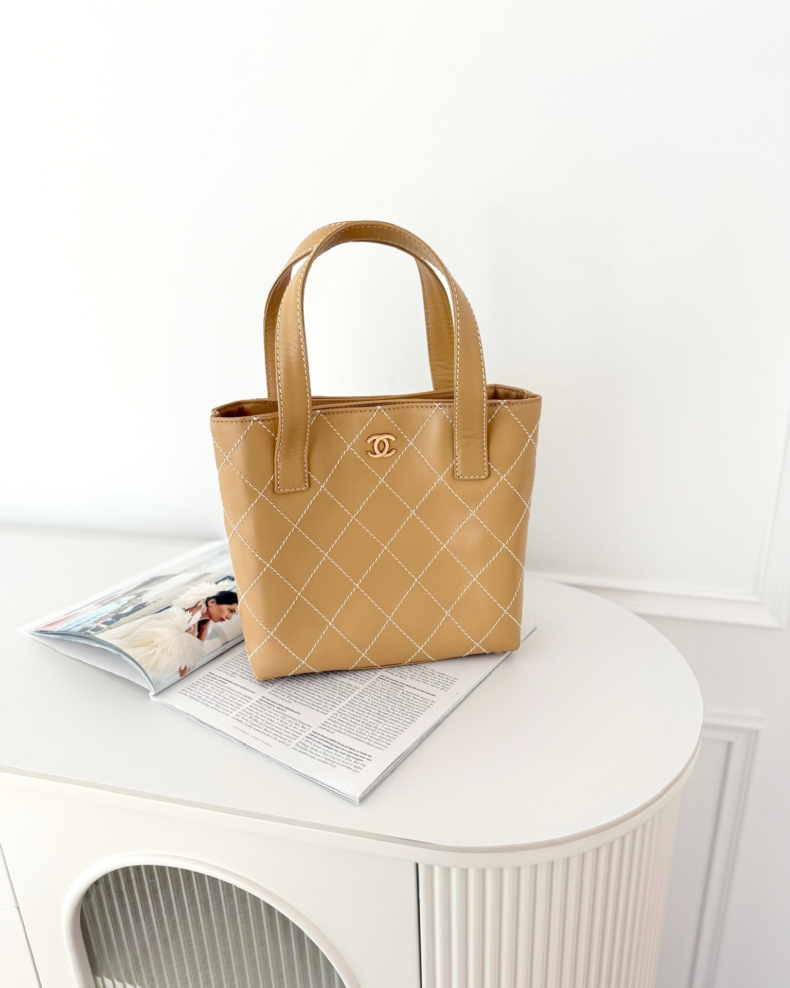 Chanel Vintage Quilted CC Tote Bag Beige Calfskin