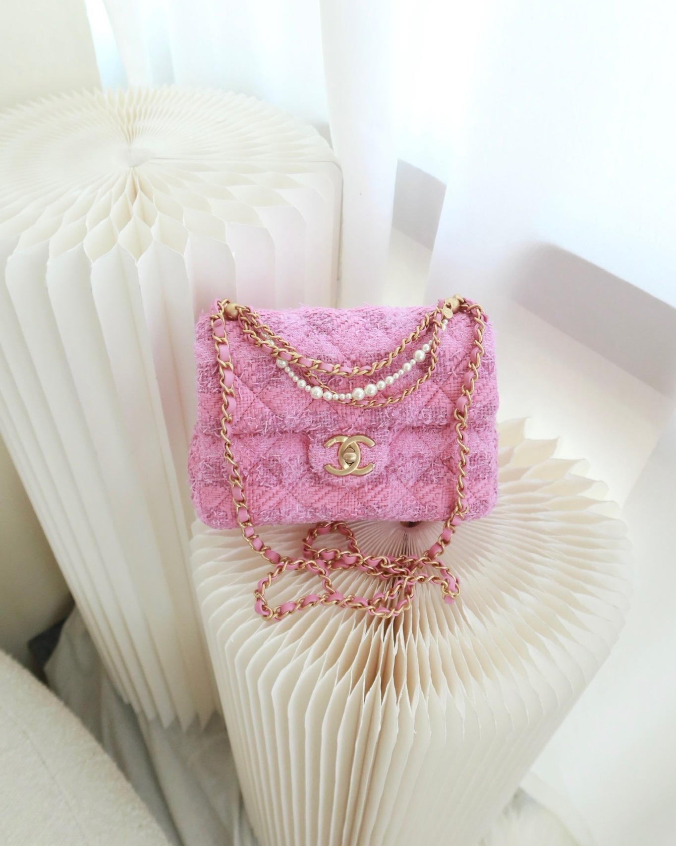 Chanel Mini Flap Bag with Pearl Chain Pink Tweed Aged