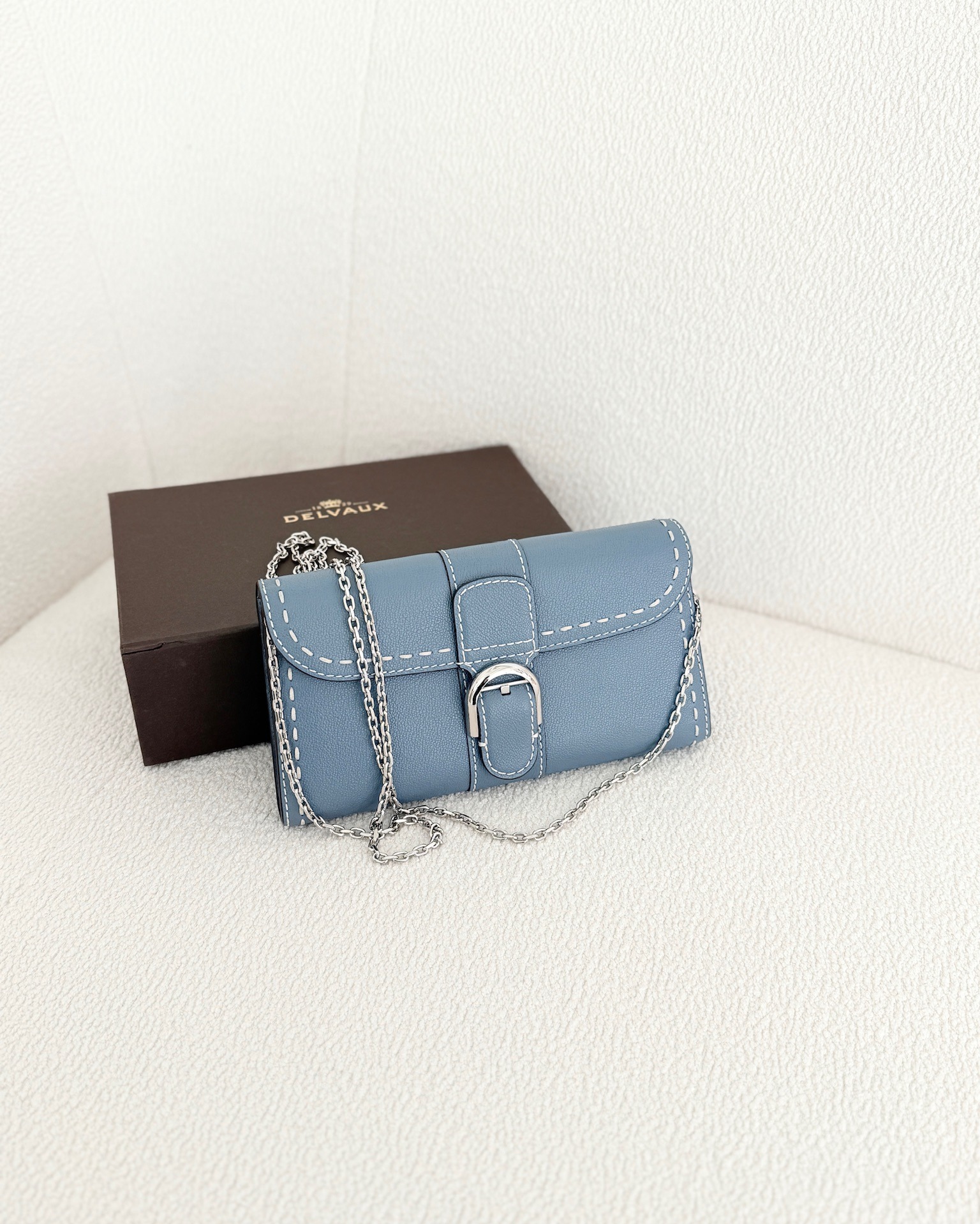 Delvaux Brillant Long Wallet Chain Surpiqué Blue Rodeo Calf