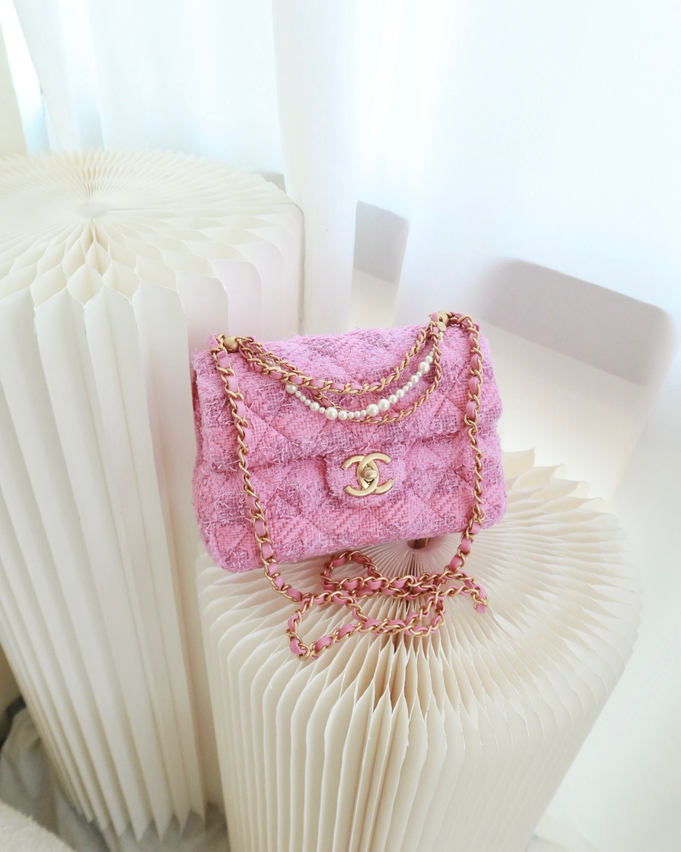 Chanel Mini Flap Bag with Pearl Chain Pink Tweed Aged