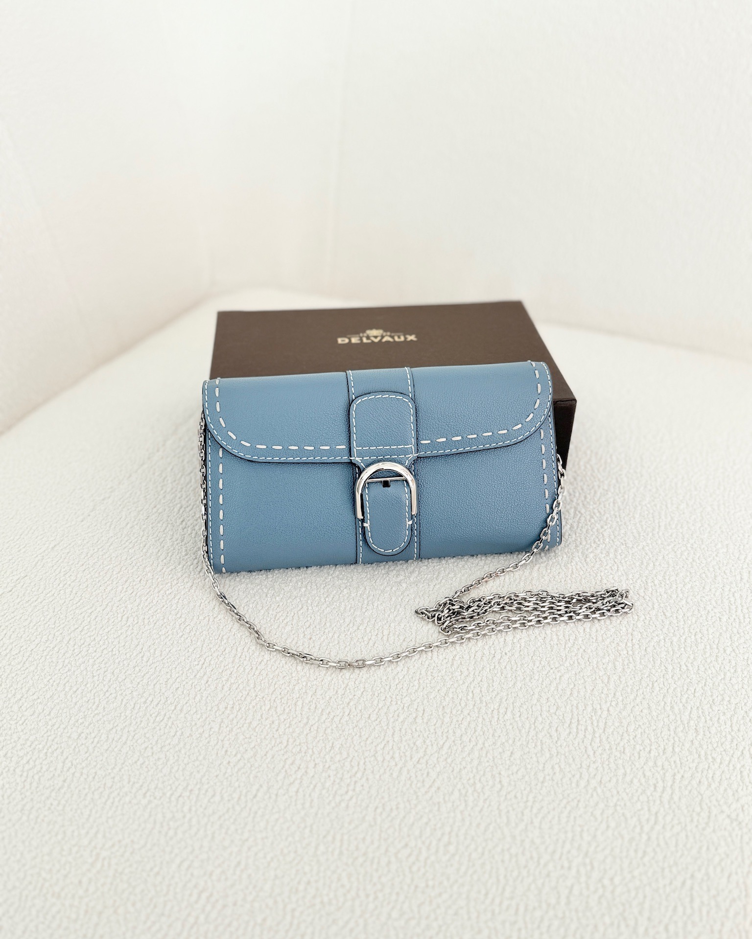 Delvaux Brillant Long Wallet Chain Surpiqué Blue Rodeo Calf