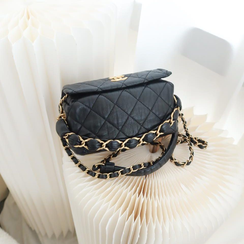 Chanel Small Hobo Bag Crumpled Black Lambskin Aged 21S